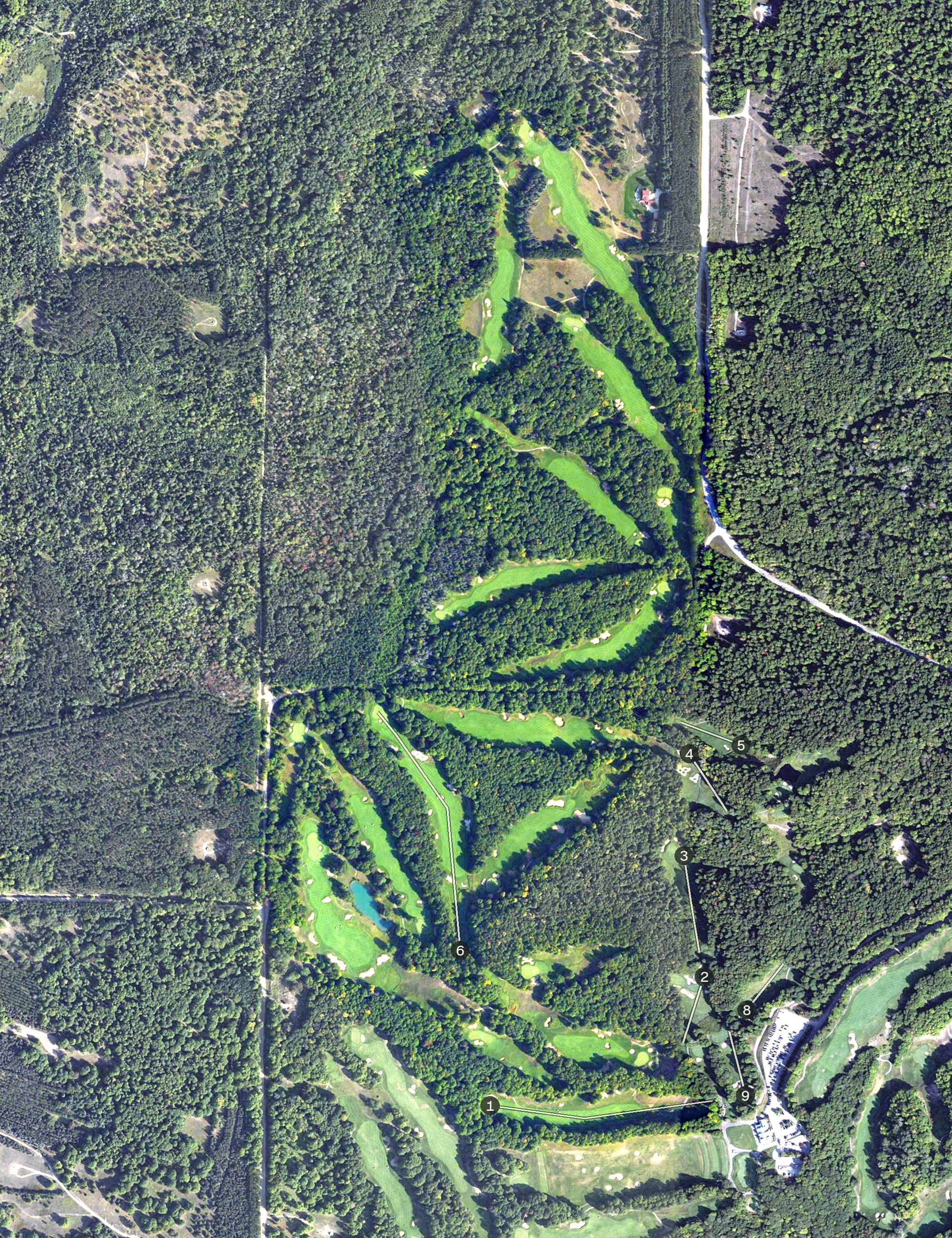 Aerial view of Treetops, MI, with its hole routing marked