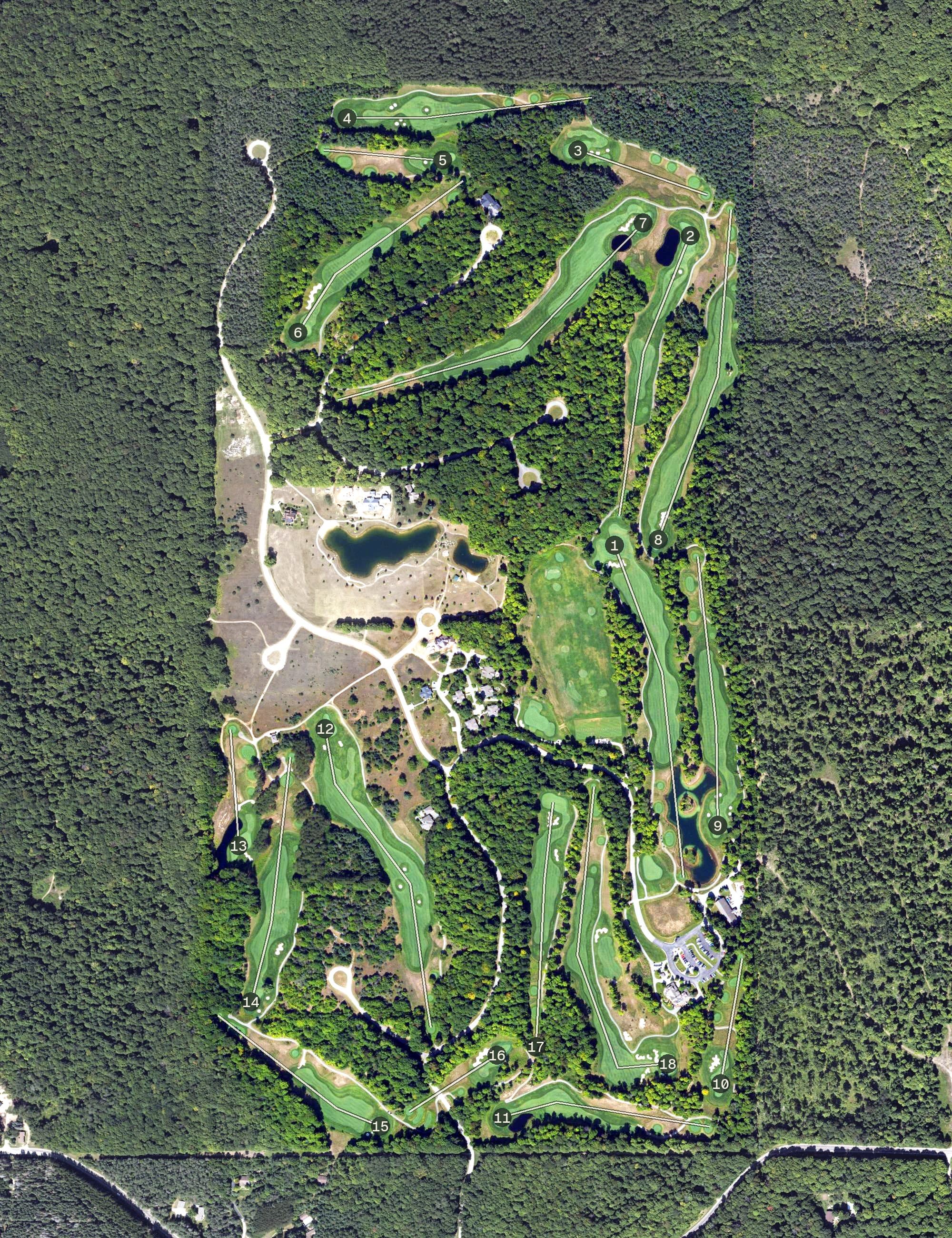Aerial view of True North Golf Club, MI, with its hole routing marked