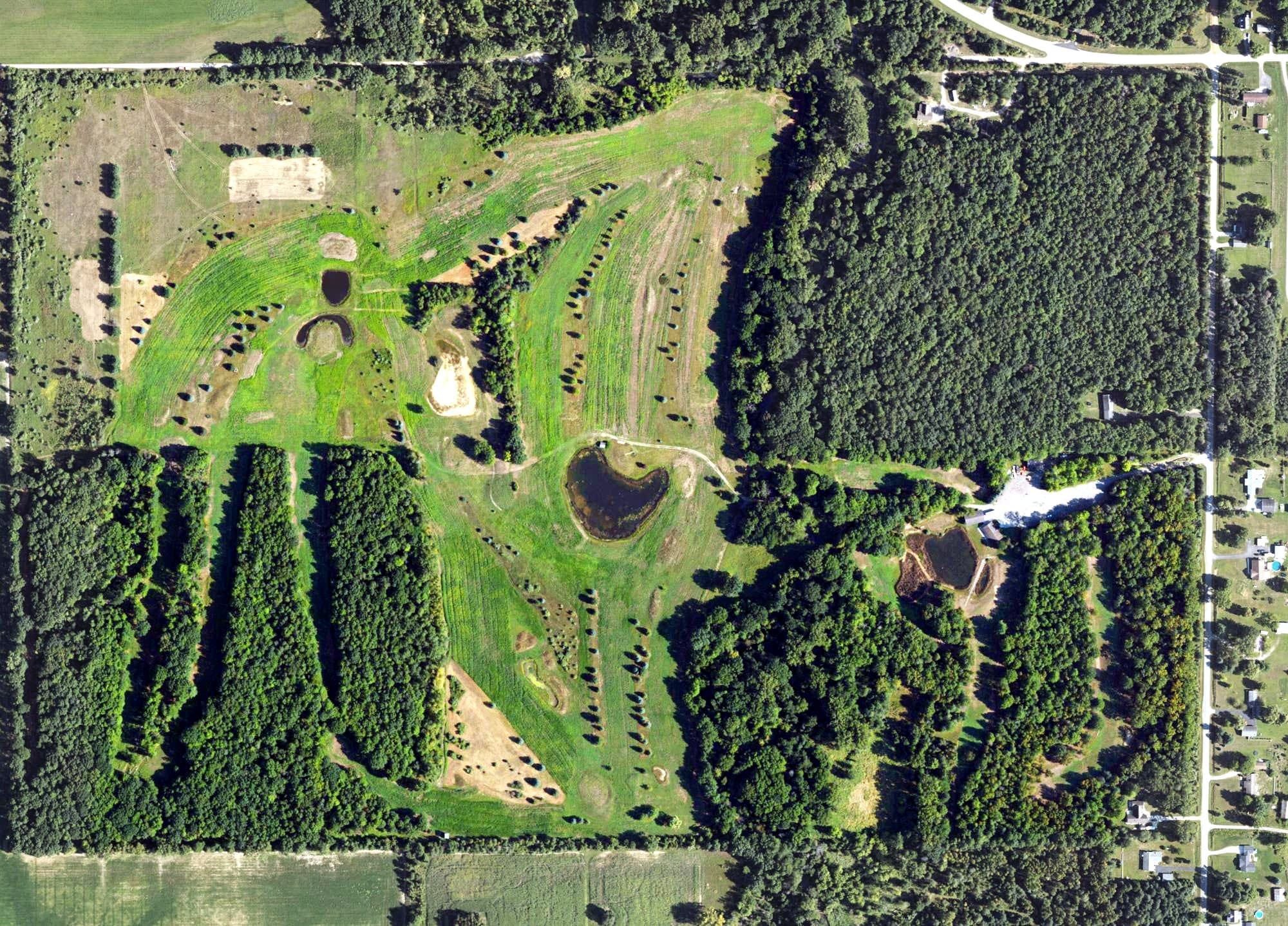 Aerial view of Twin Bridges Golf Course, MI, with its hole routing marked