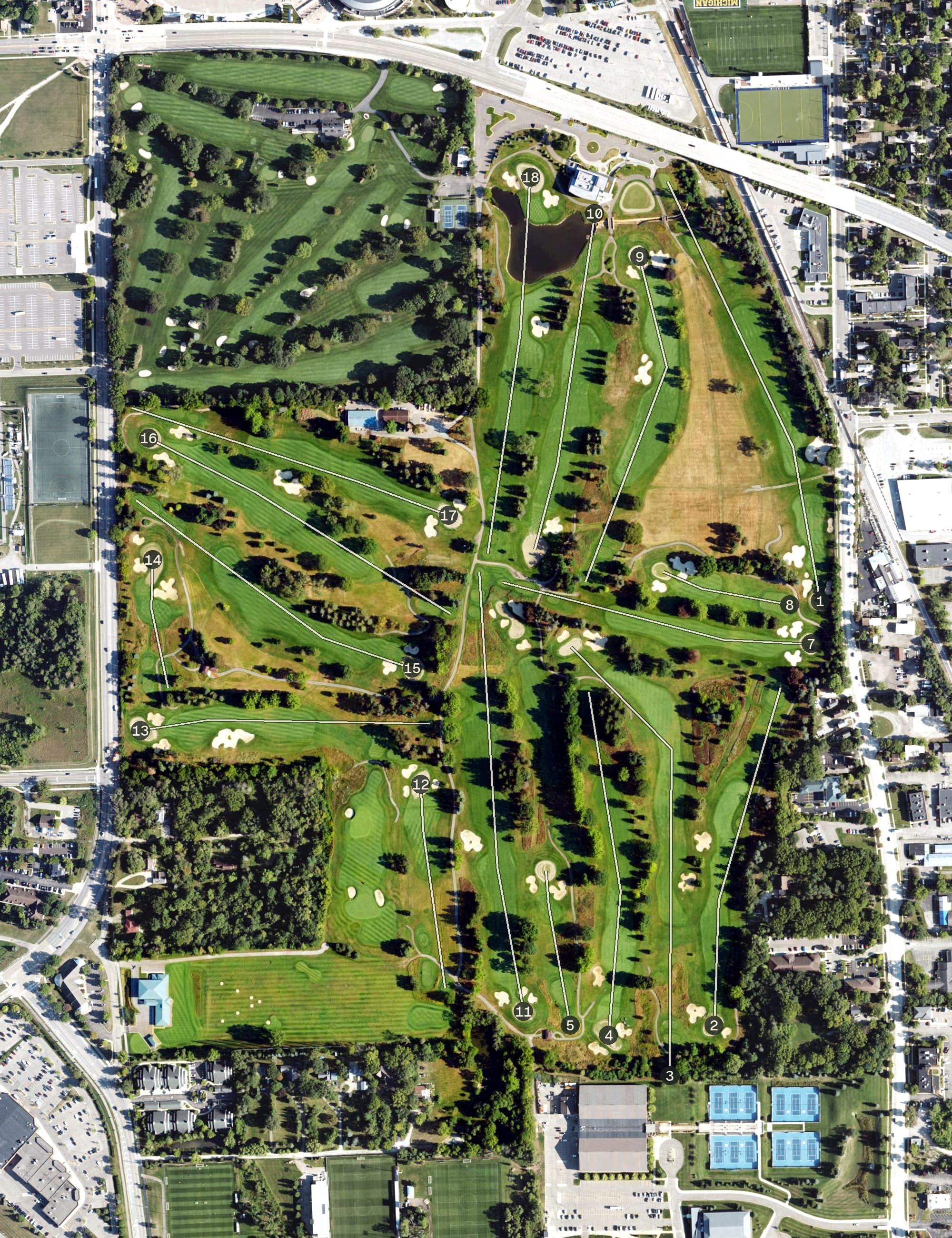 Aerial view of University of Michigan Golf Course, MI, with its hole routing marked