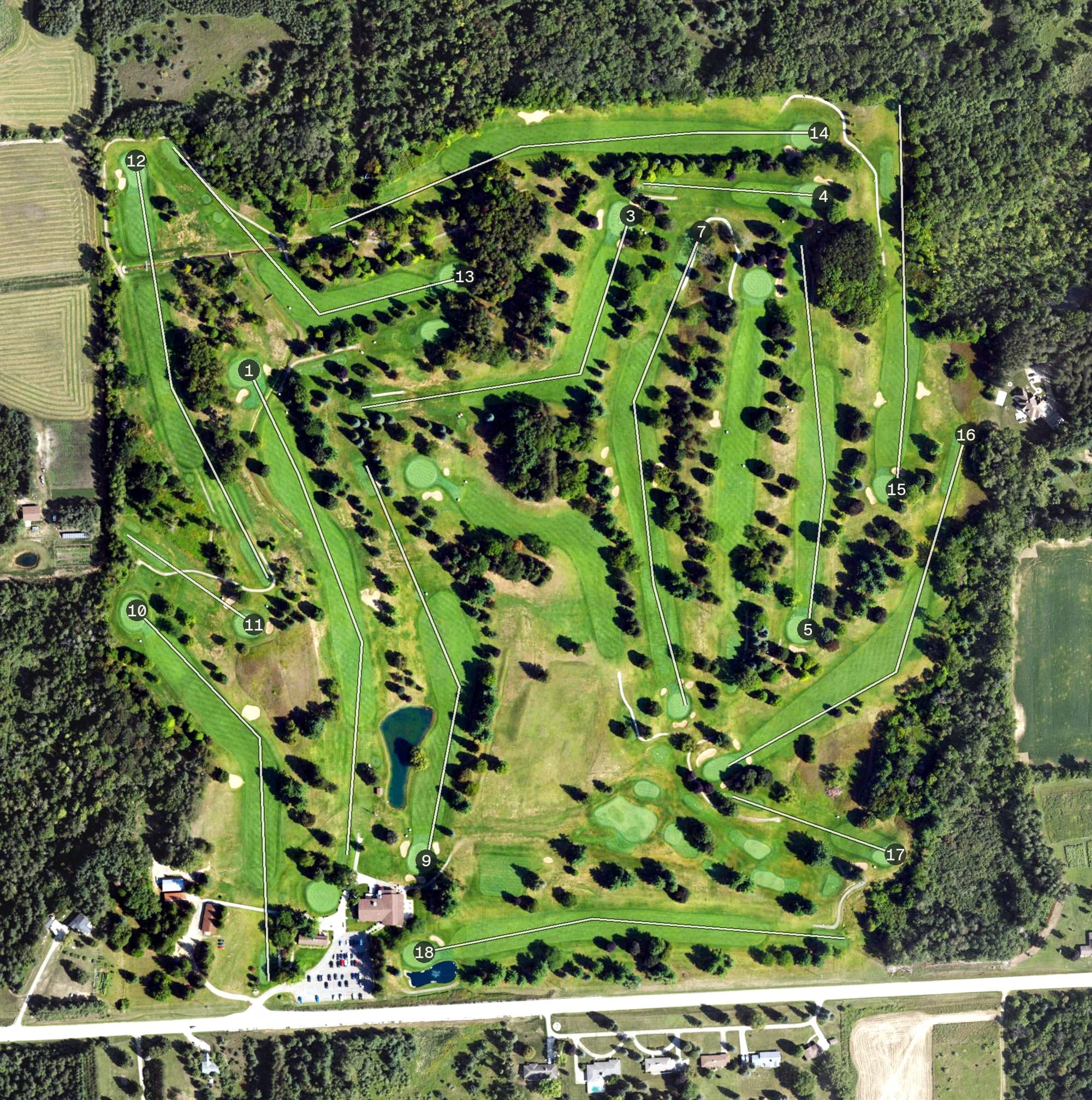 Aerial view of Verona Hills Golf Club, MI, with its hole routing marked