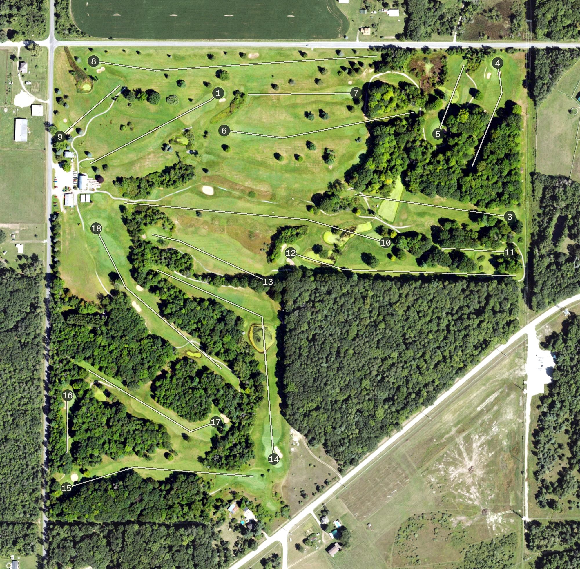 Aerial view of Village Green Golf Club, MI, with its hole routing marked