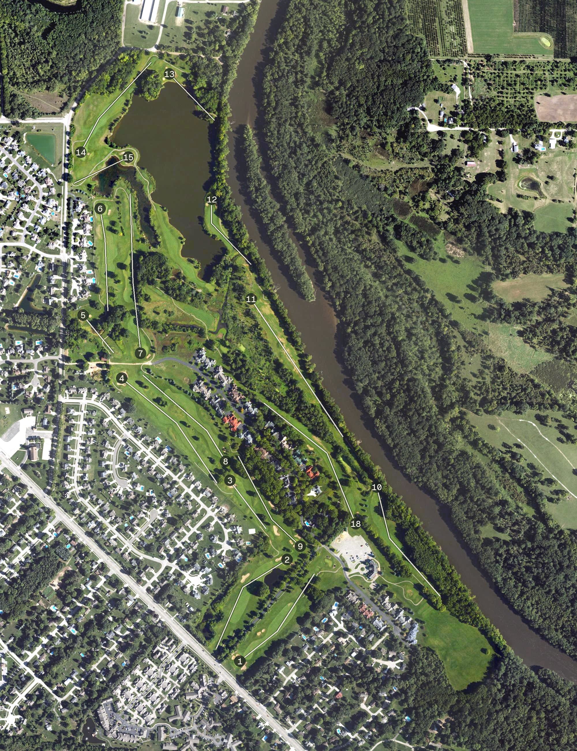 Aerial view of Wallinwood Springs Golf Club, MI, with its hole routing marked