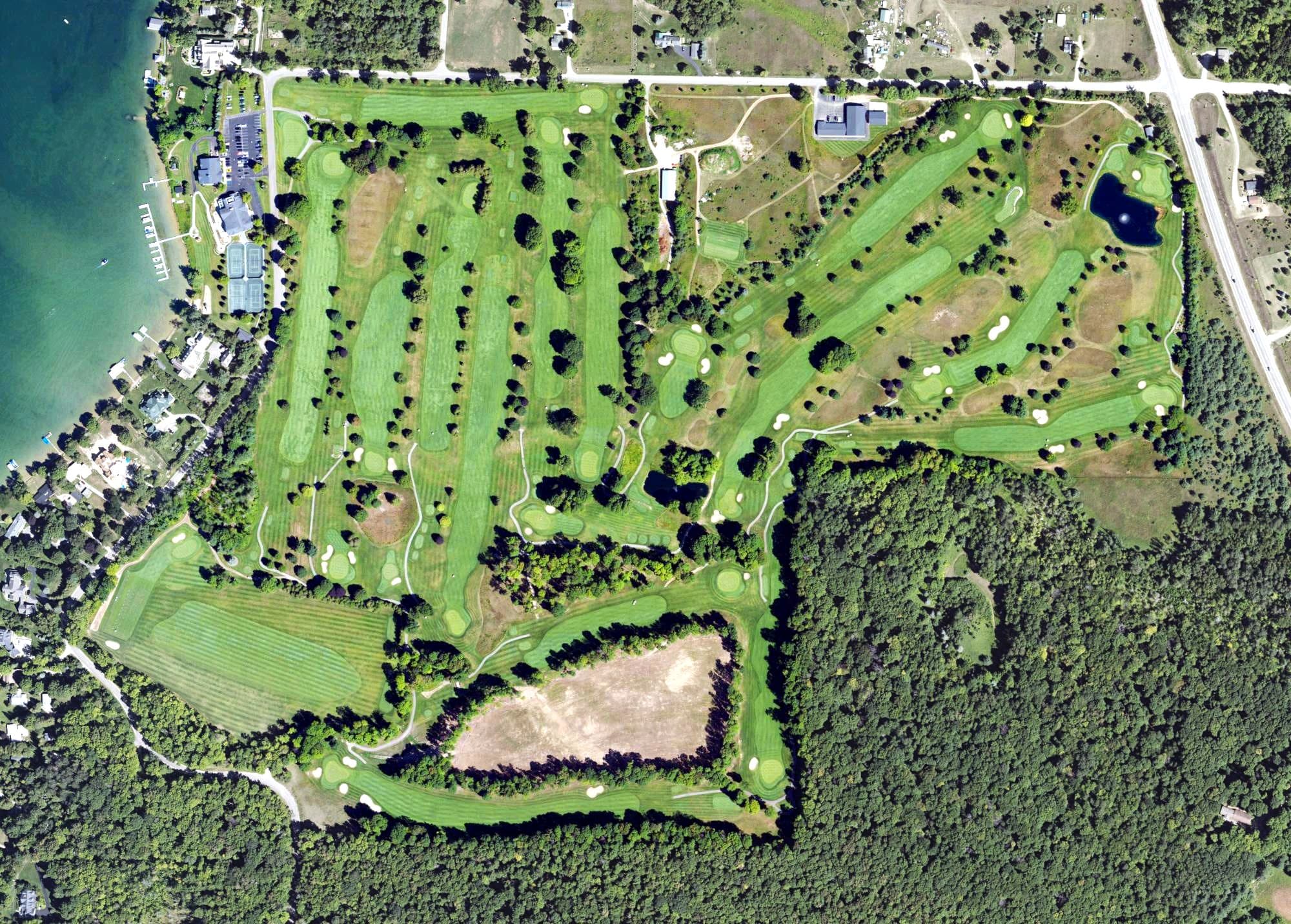 Aerial view of Walloon Lake Country Club, MI, with its hole routing marked
