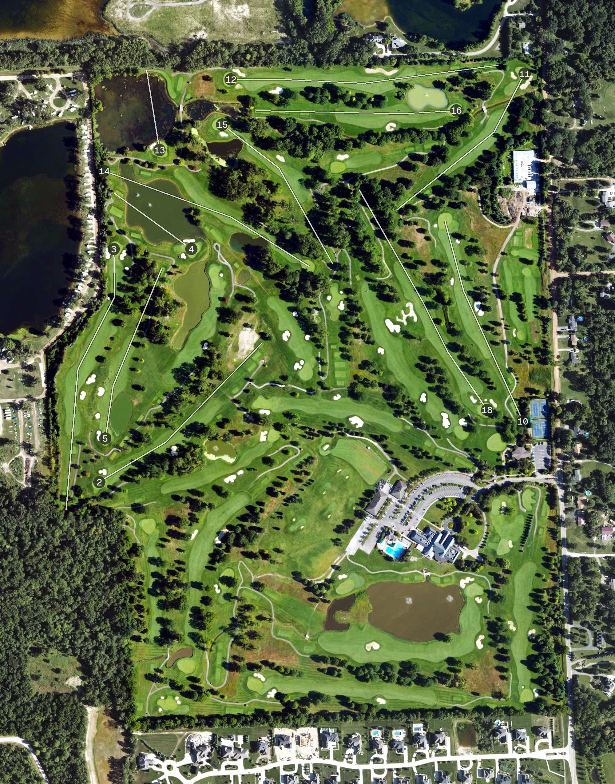 Aerial view of Walnut Creek Country Club, MI, with its hole routing marked