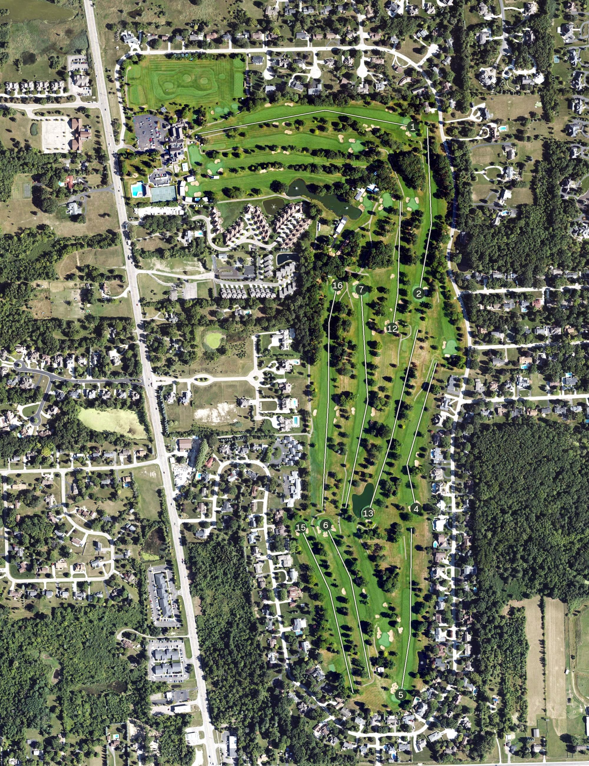 Aerial view of Warwick Hills Golf & Country Club, MI, with its hole routing marked