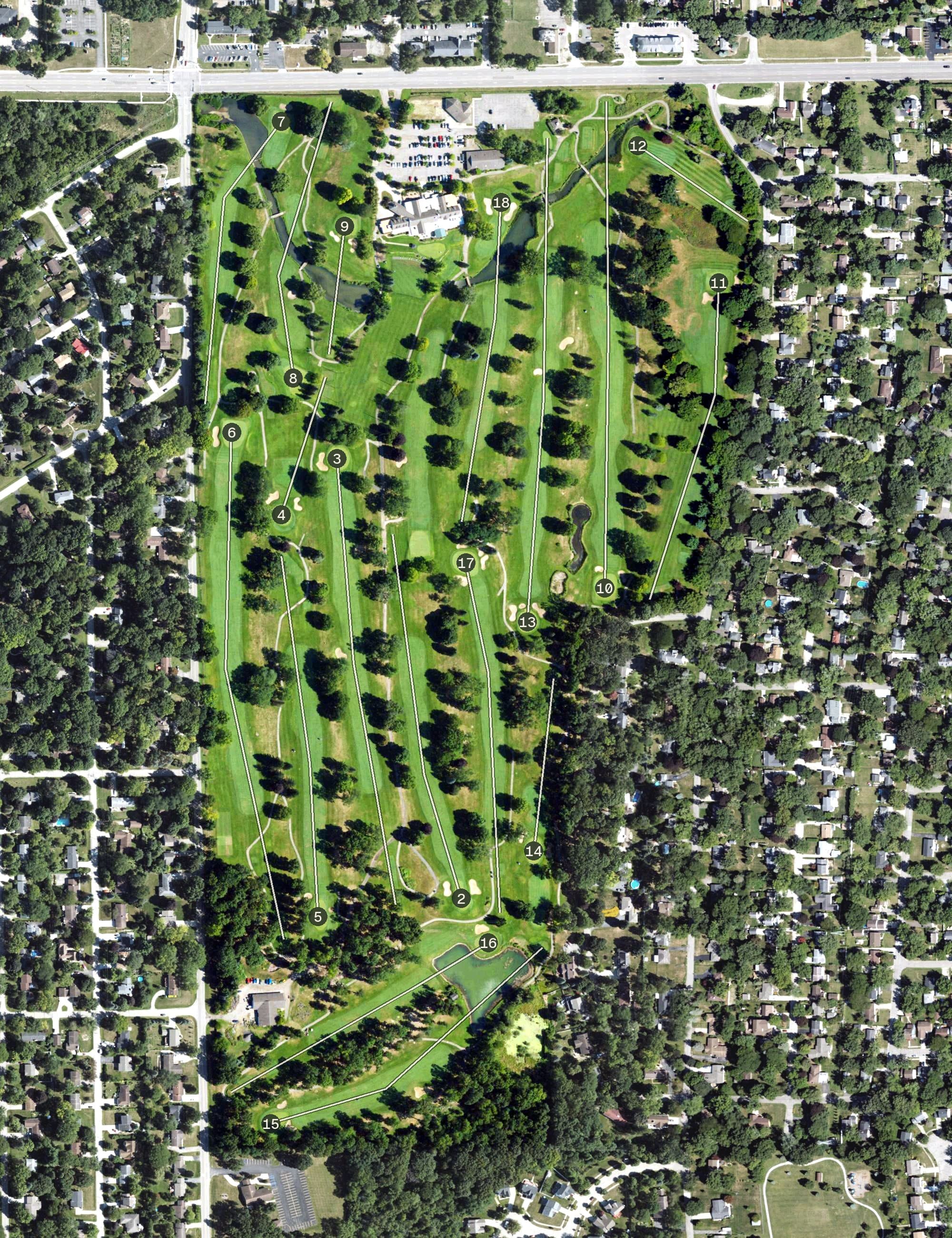 Aerial view of Washtenaw Golf Club, MI, with its hole routing marked
