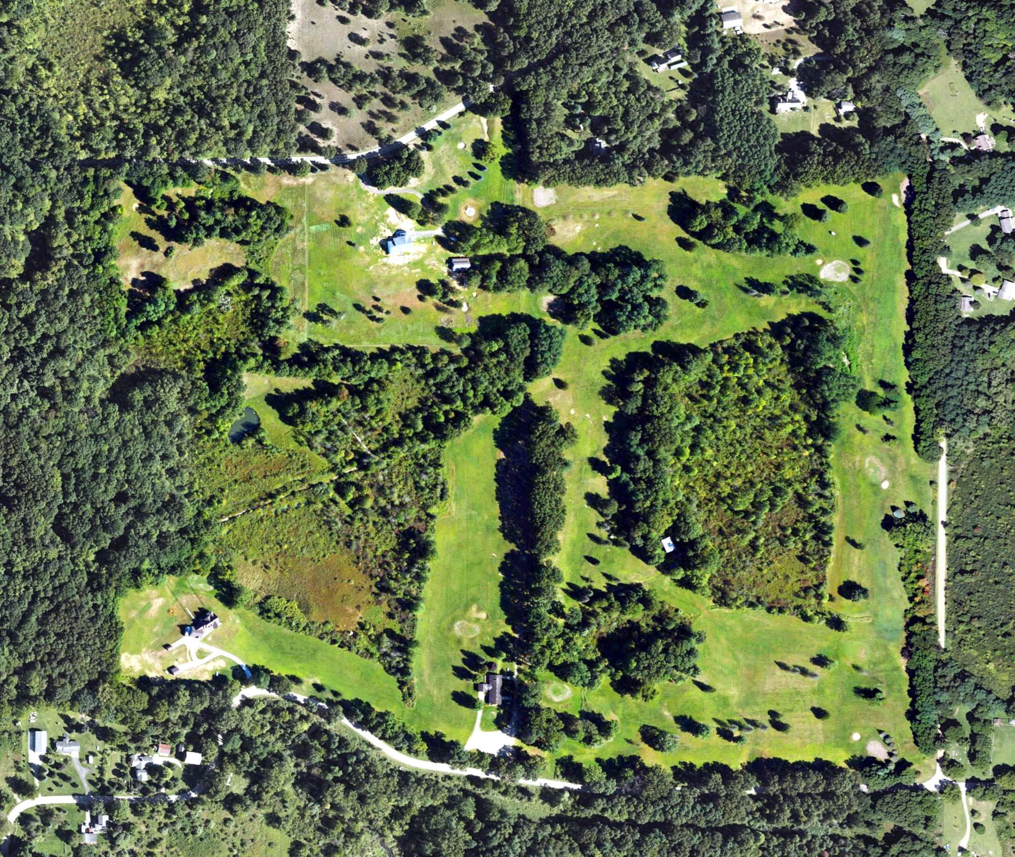Aerial view of Waterloo Golf Course, MI, with its hole routing marked