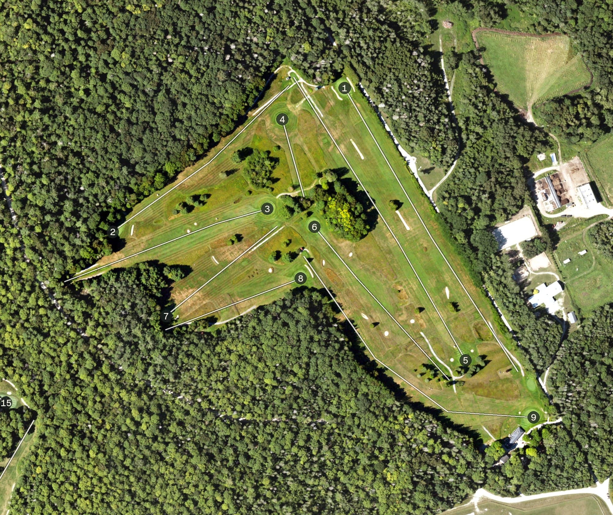 Aerial view of Wawashkamo Golf Course, MI, with its hole routing marked