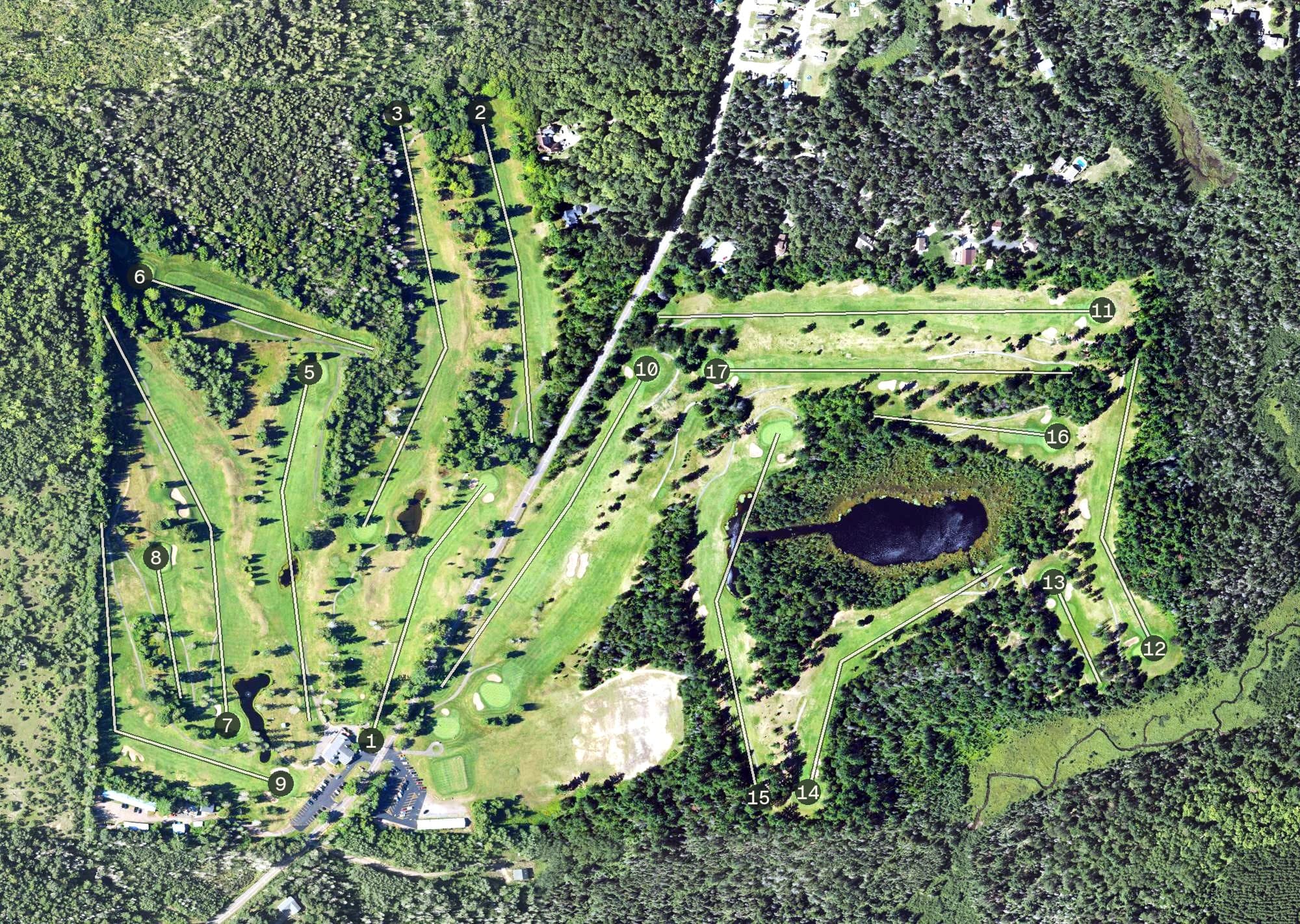 Aerial view of Wawonowin Golf Course, MI, with its hole routing marked