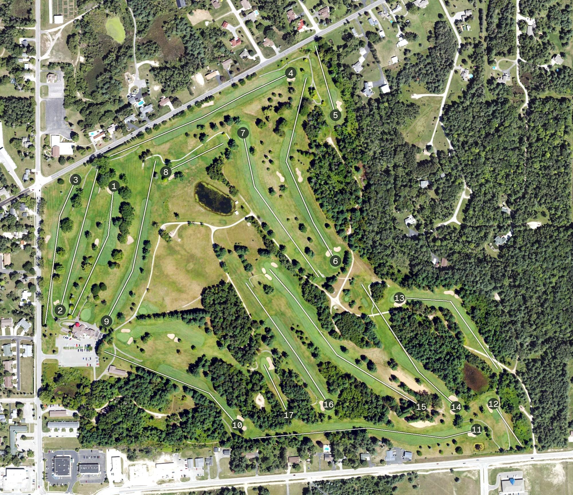 Aerial view of West Branch Country Club, MI, with its hole routing marked