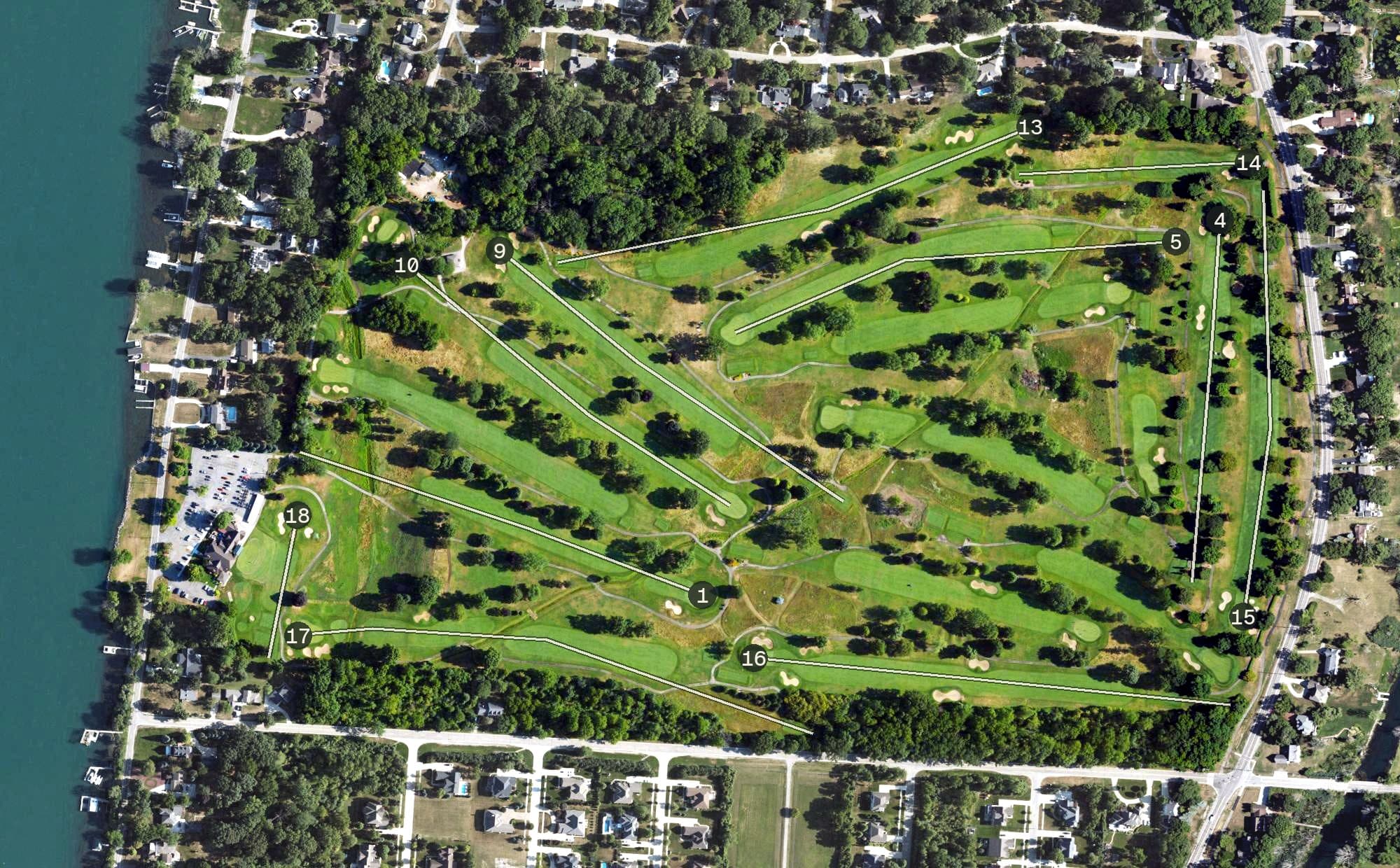 Aerial view of West Shore Golf & Country Club, MI, with its hole routing marked