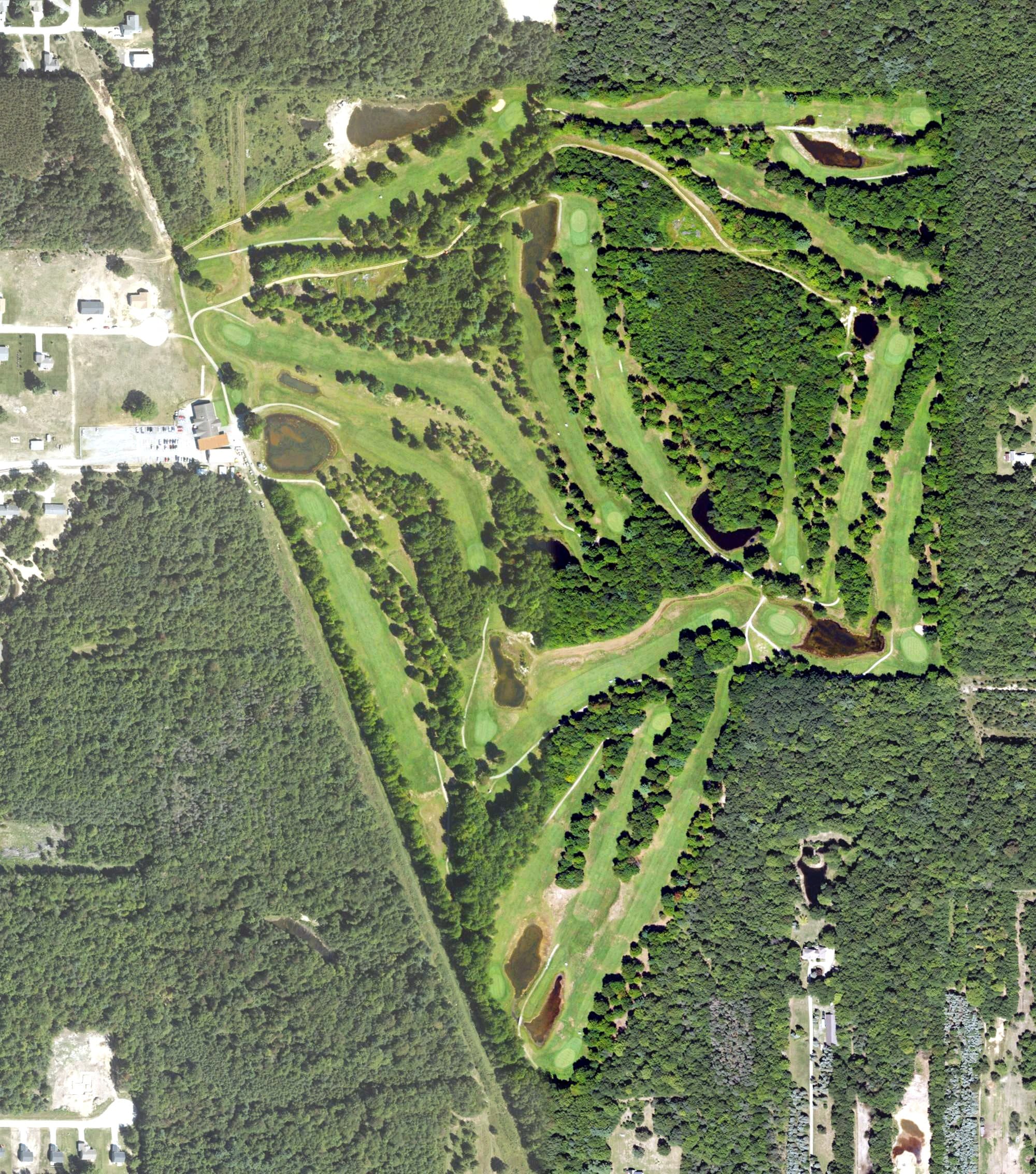 Aerial view of Westwind Golf Course, MI, with its hole routing marked