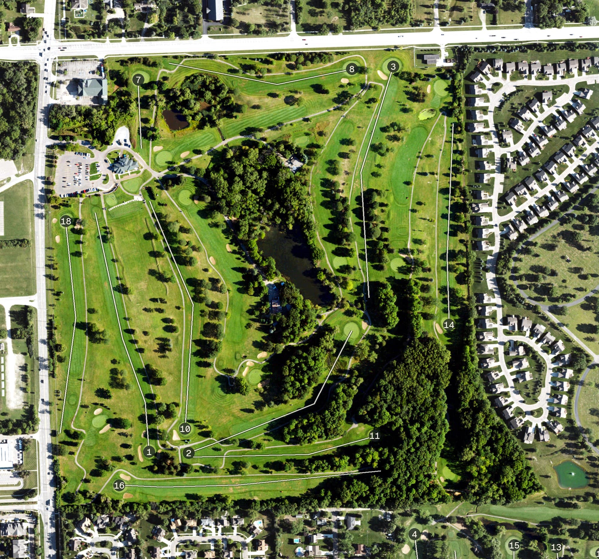 Aerial view of Whispering Willows Golf Course, MI, with its hole routing marked