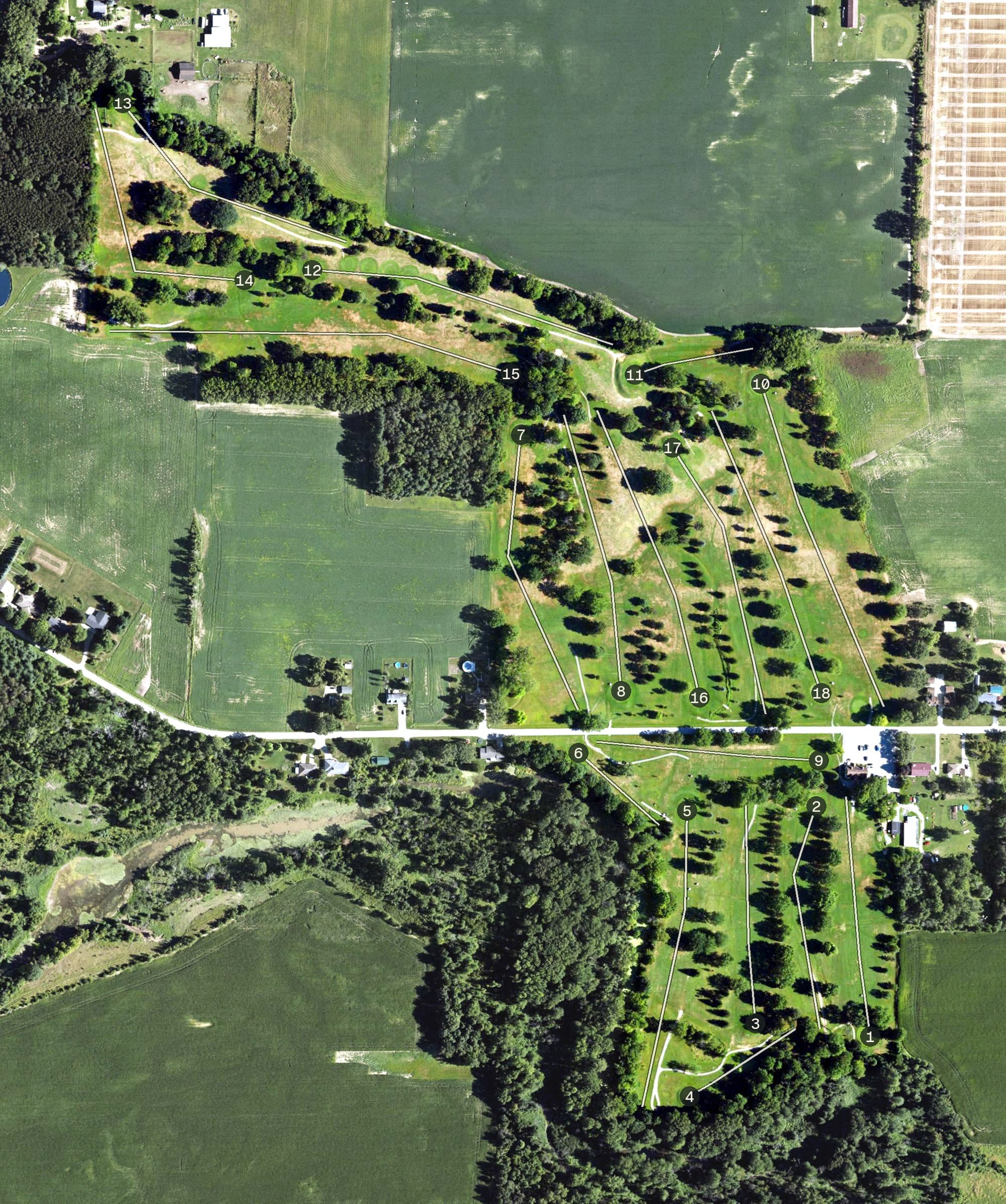 Aerial view of White Birch Hills Golf Course, MI, with its hole routing marked