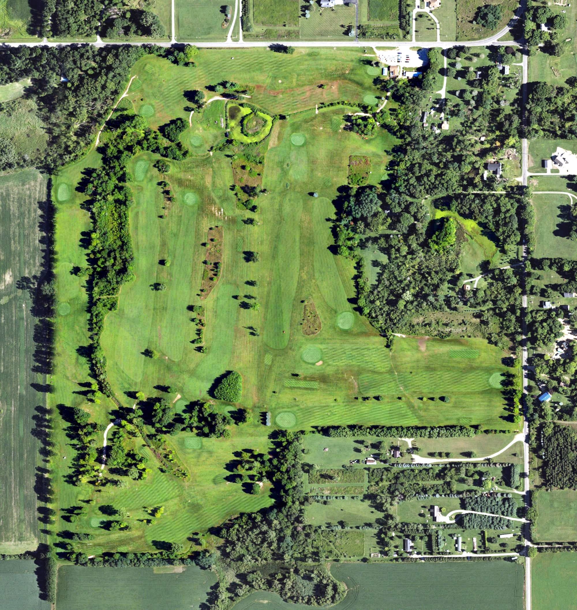 Aerial view of White Oaks Golf Club, MI, with its hole routing marked