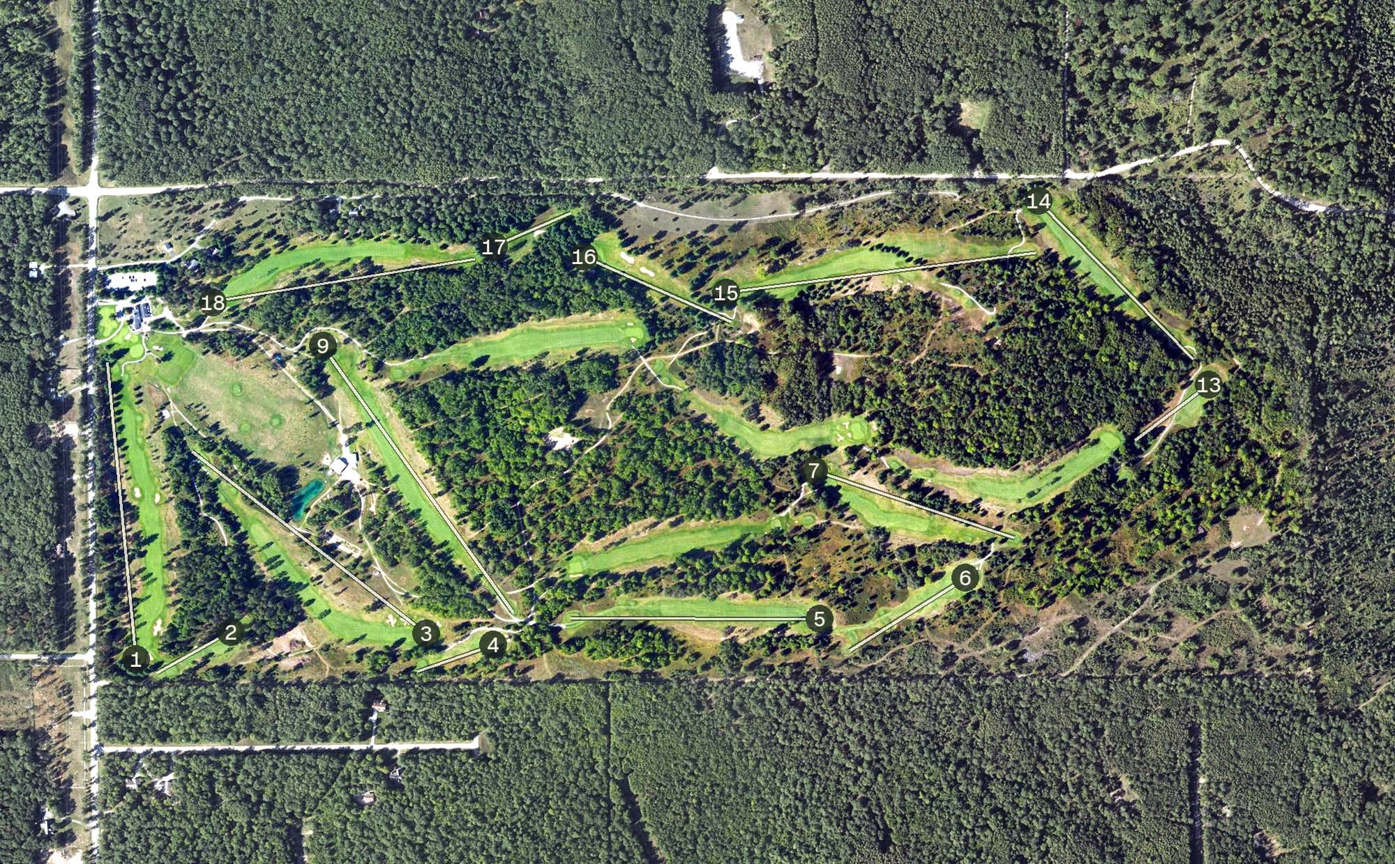 Aerial view of White Pine National, MI, with its hole routing marked