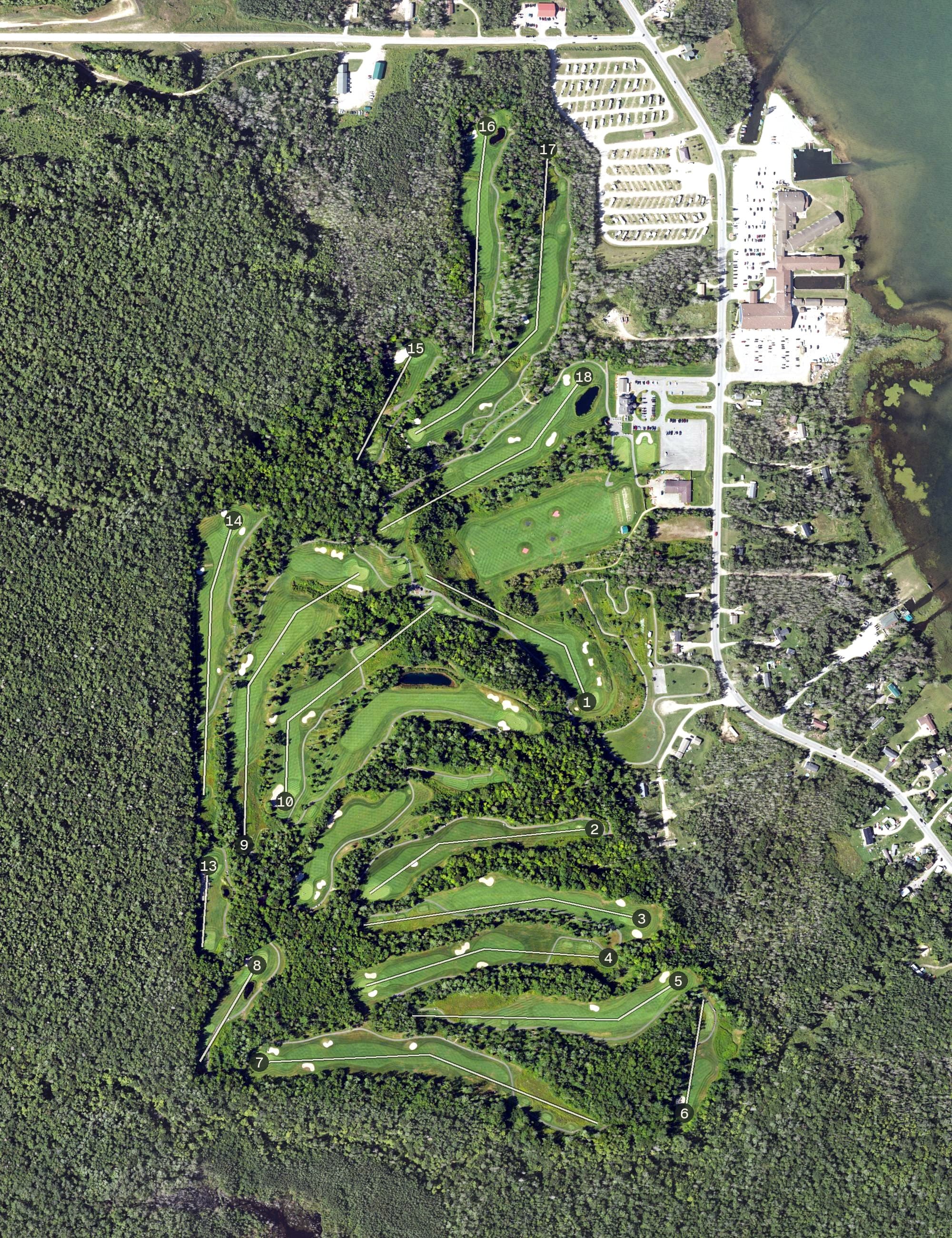 Aerial view of Wild Bluff Golf Course, MI, with its hole routing marked