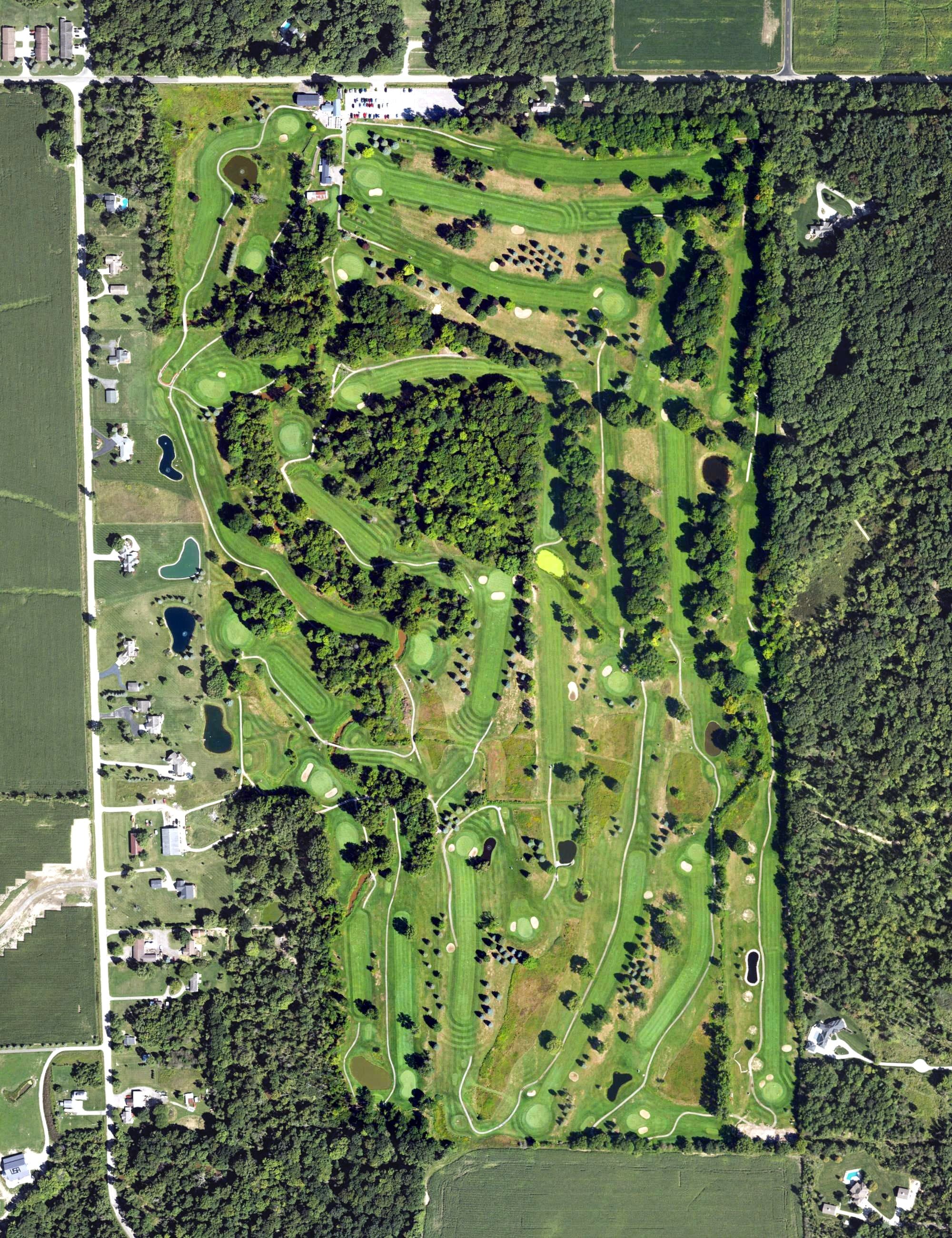 Aerial view of Winding Creek Golf Club, MI, with its hole routing marked