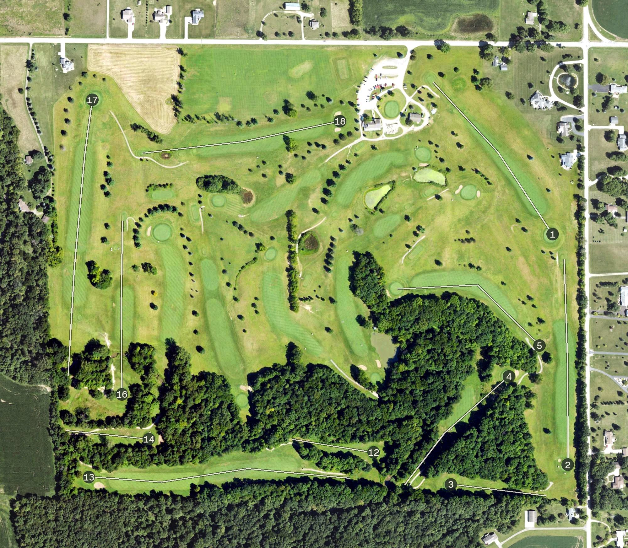 Aerial view of Wolf Creek Golf Club, MI, with its hole routing marked