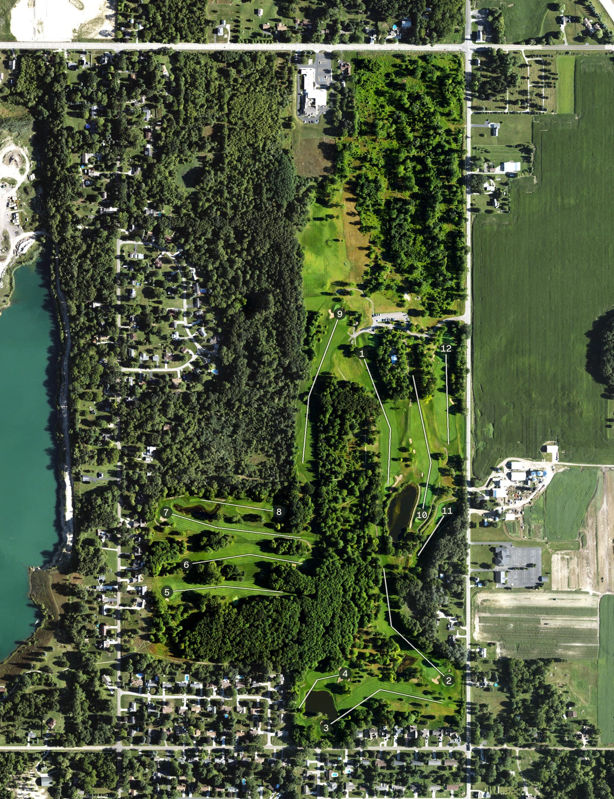Aerial view of Woodside Golf Course, MI, with its hole routing marked