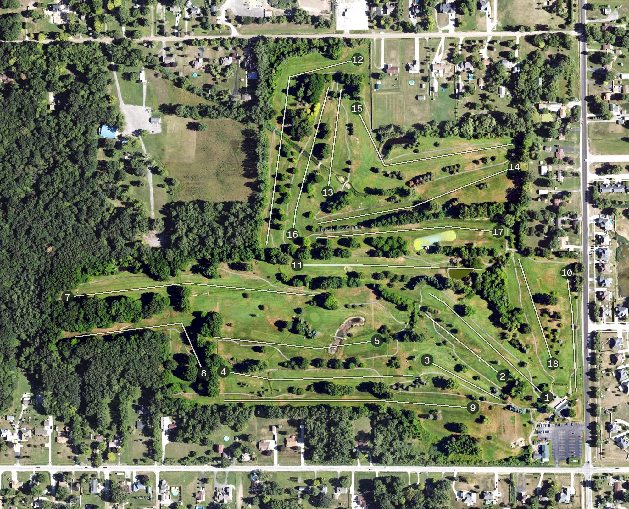 Aerial view of Woodside Meadows Golf Course, MI, with its hole routing marked