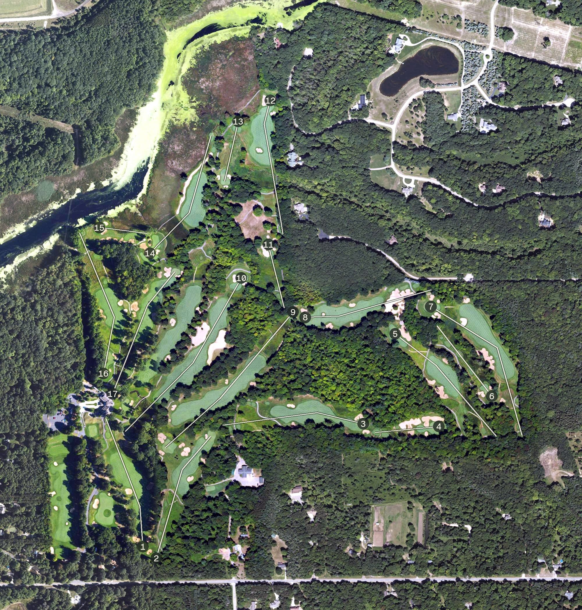 Aerial view of Wuskowhan Players Club, MI, with its hole routing marked