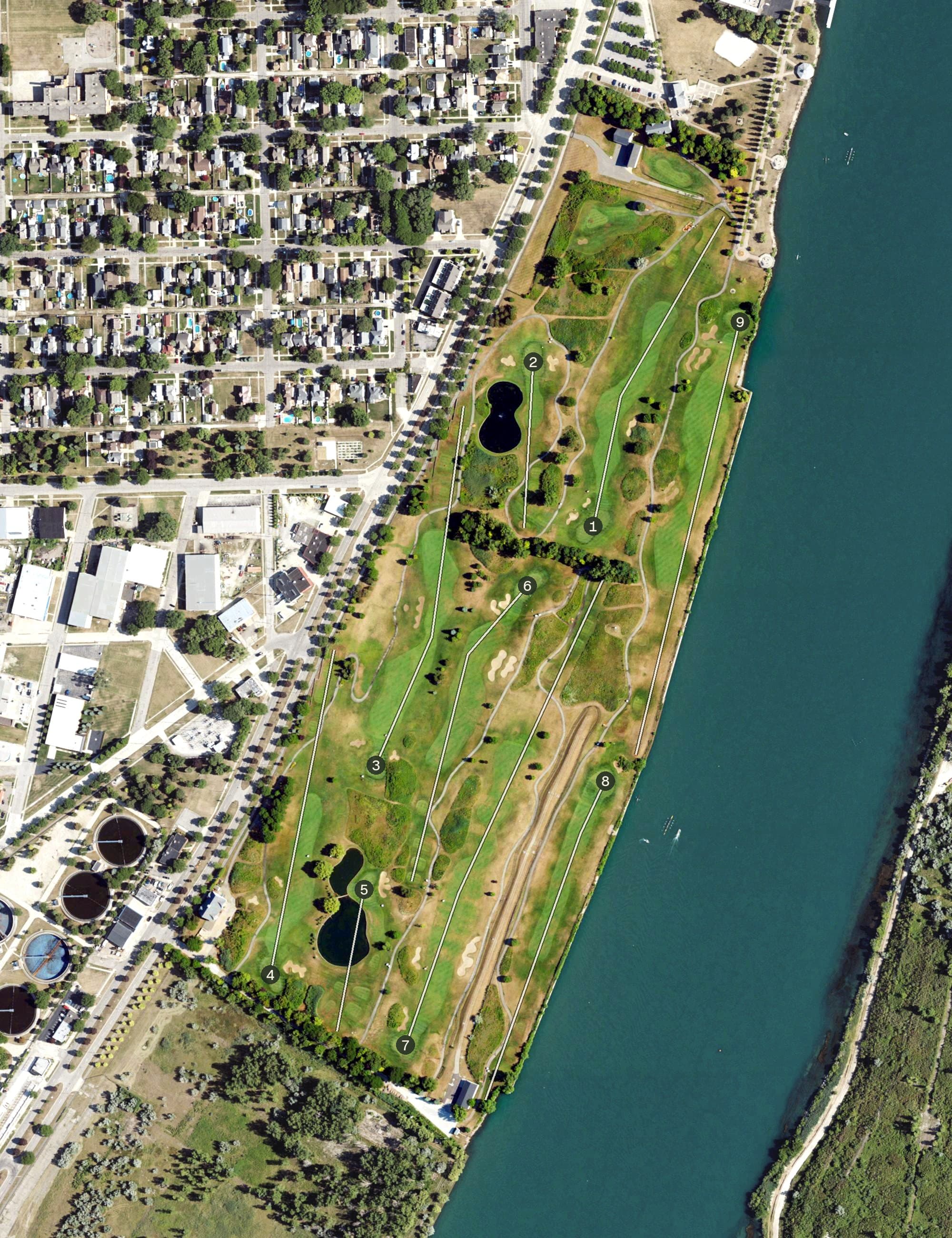 Aerial view of Wyandotte Shores Golf Course, MI, with its hole routing marked