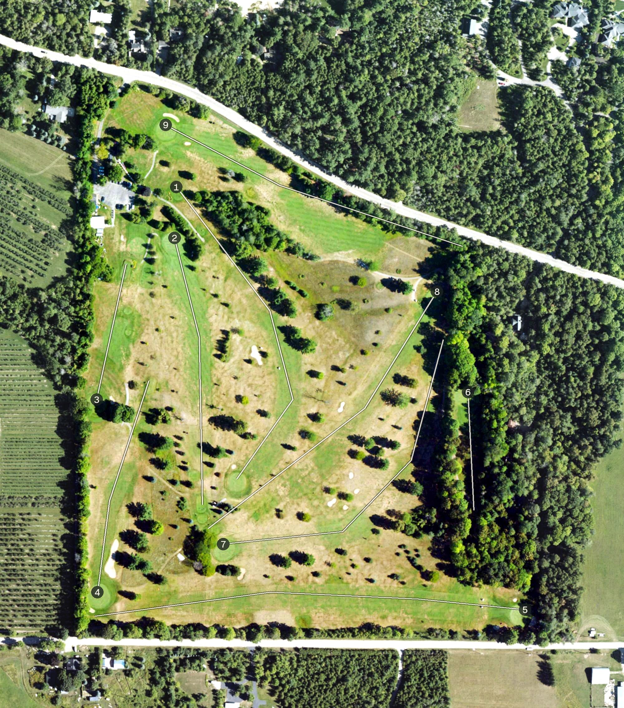 Aerial view of Ye Nyne Old Holles Golf Course, MI, with its hole routing marked