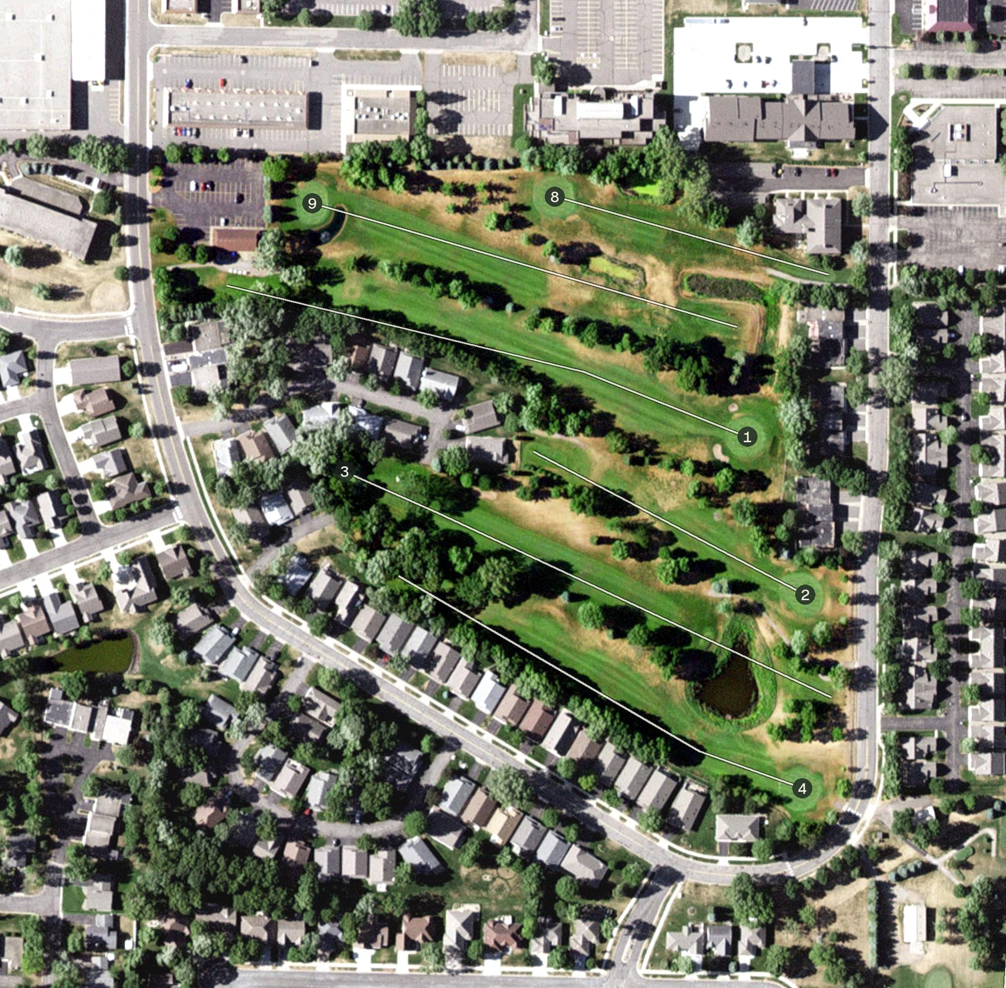 Aerial view of Angushire Golf Club, MN, with its hole routing marked