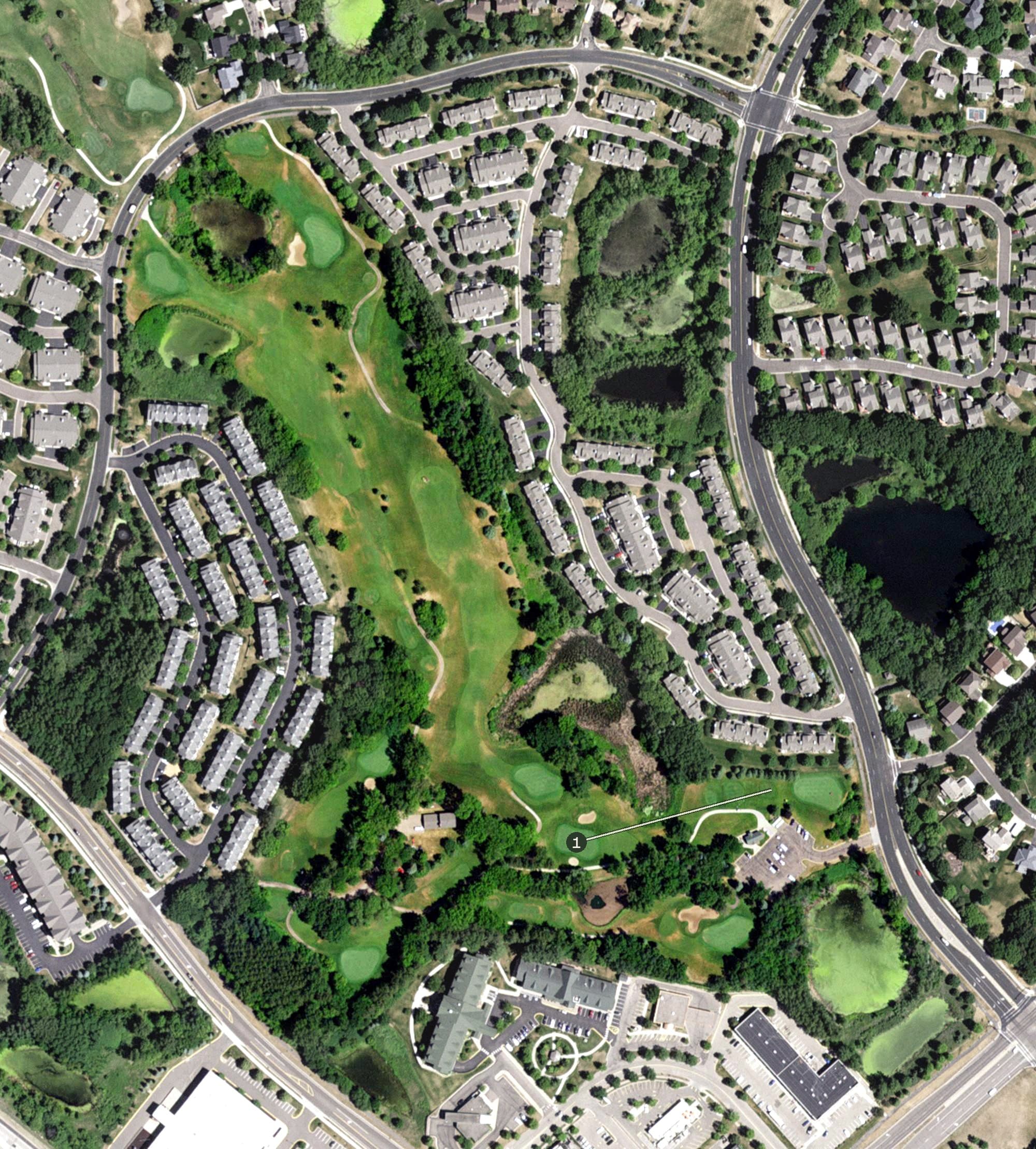 Aerial view of Arbor Pointe Golf Club, MN, with its hole routing marked