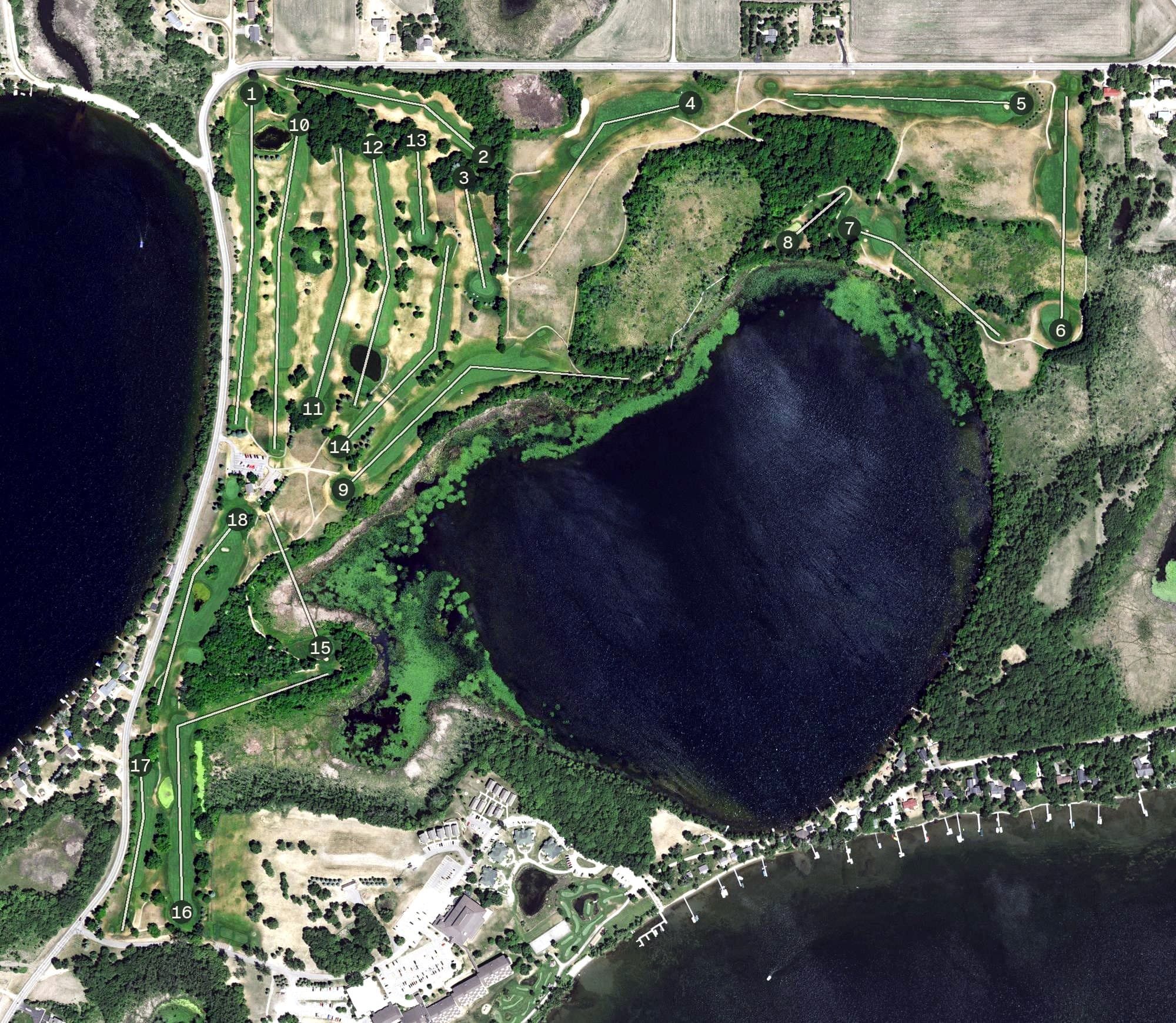 Aerial view of Atikwa Golf Club, MN, with its hole routing marked
