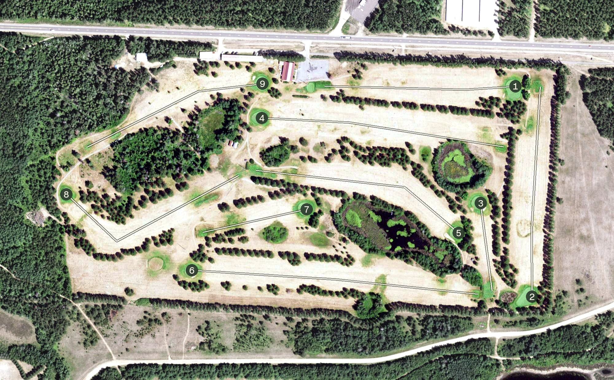 Aerial view of Babbitt Golf Course, MN, with its hole routing marked