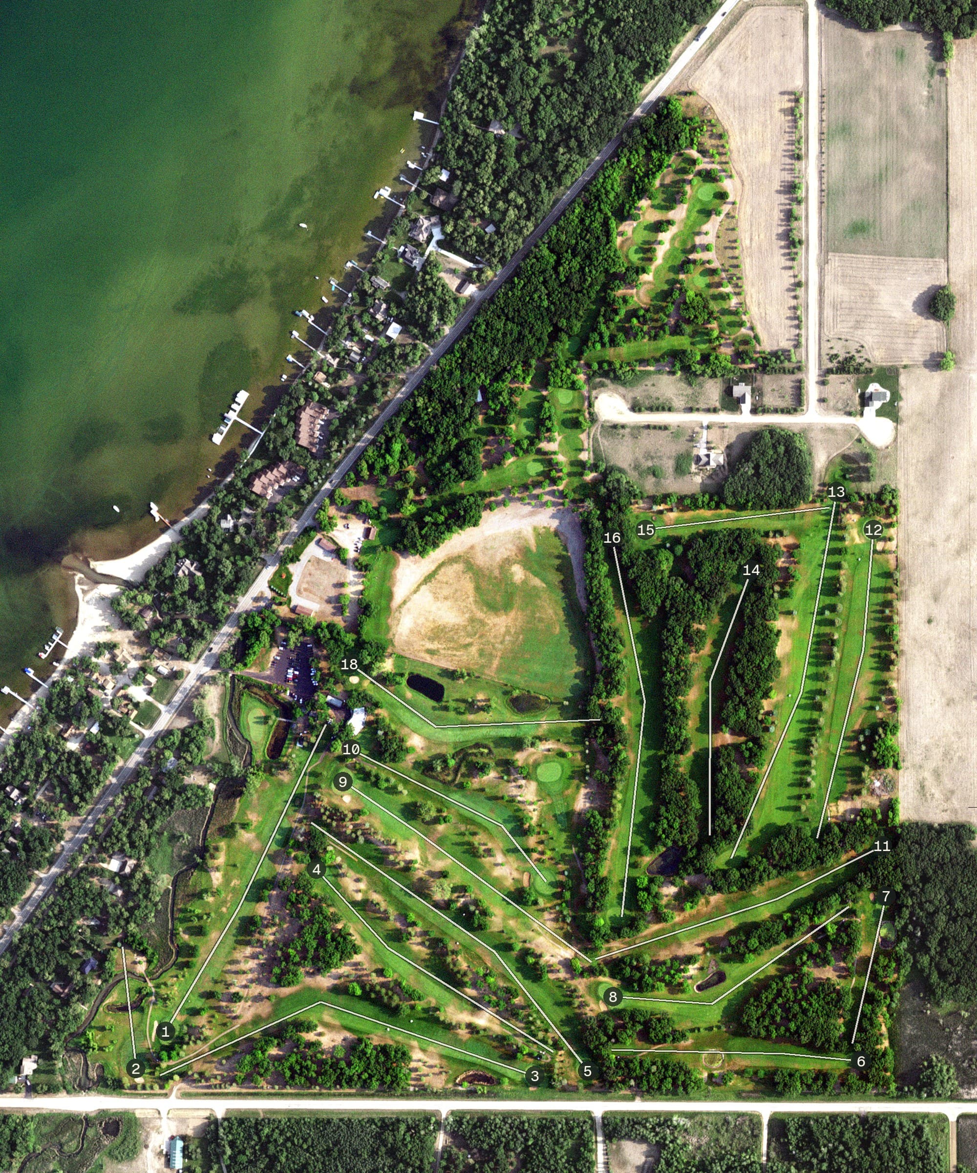 Aerial view of Balmoral, MN, with its hole routing marked