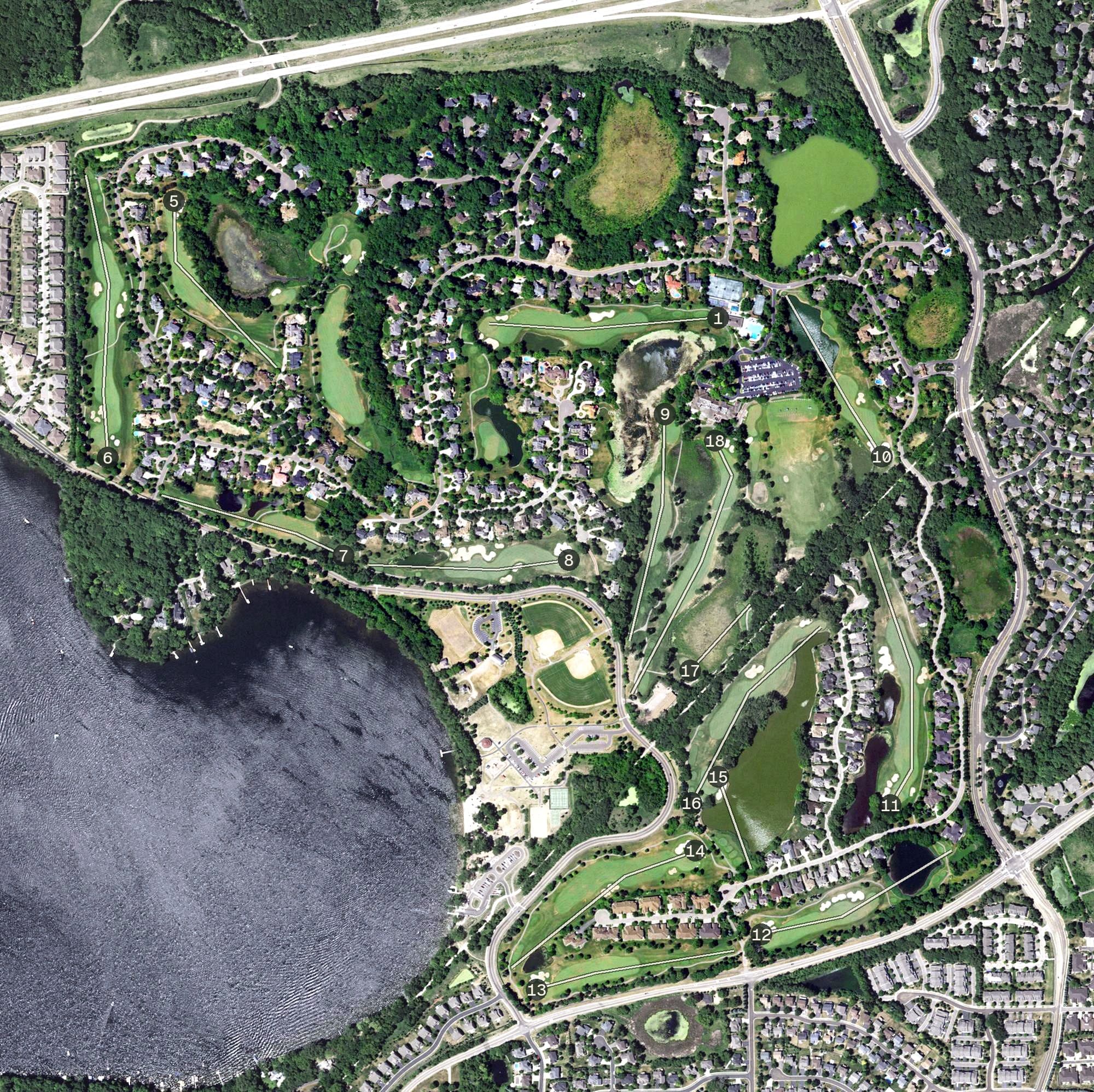 Aerial view of Bearpath, MN, with its hole routing marked