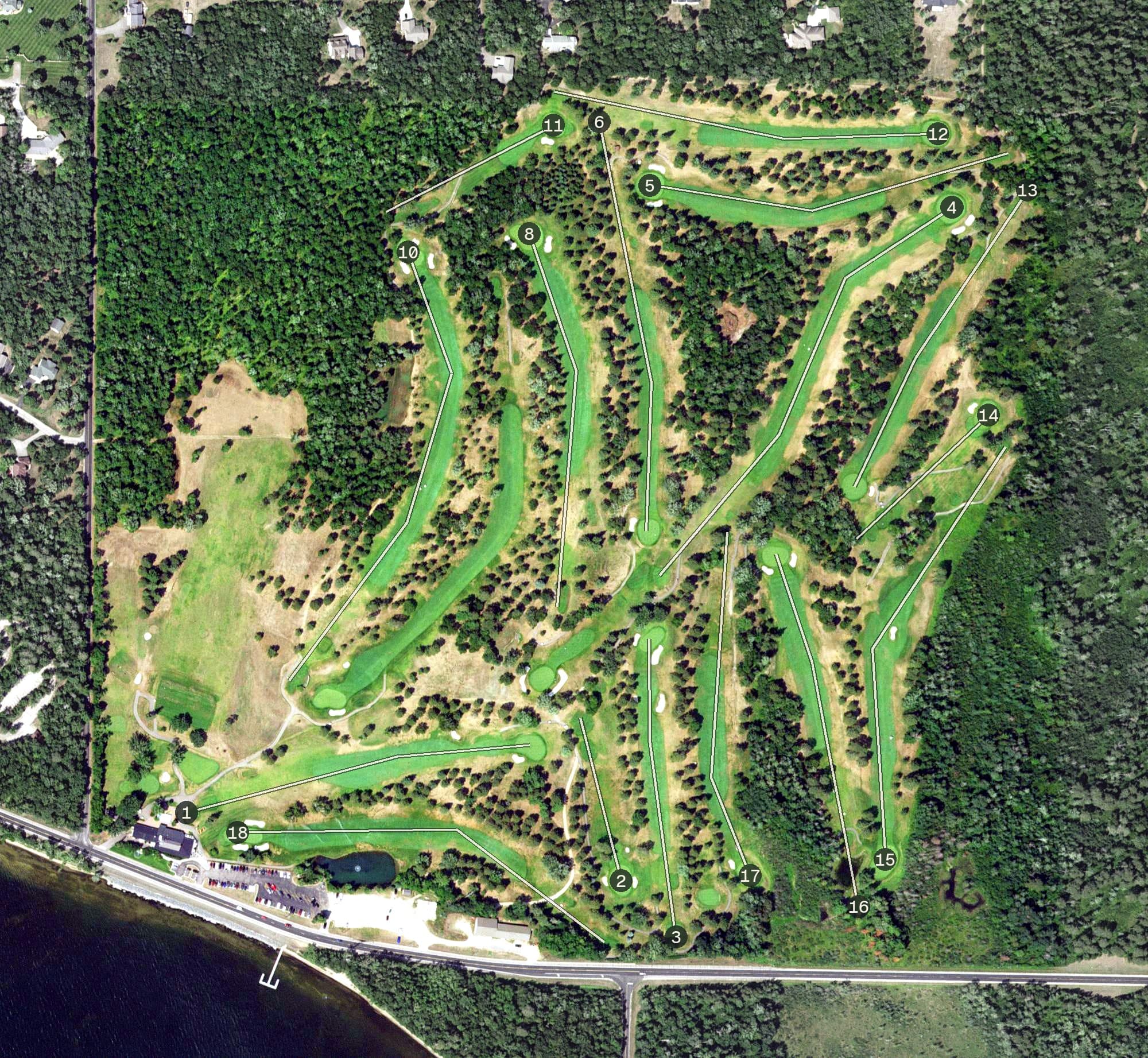 Aerial view of Bemidji Town & Country Club, MN, with its hole routing marked
