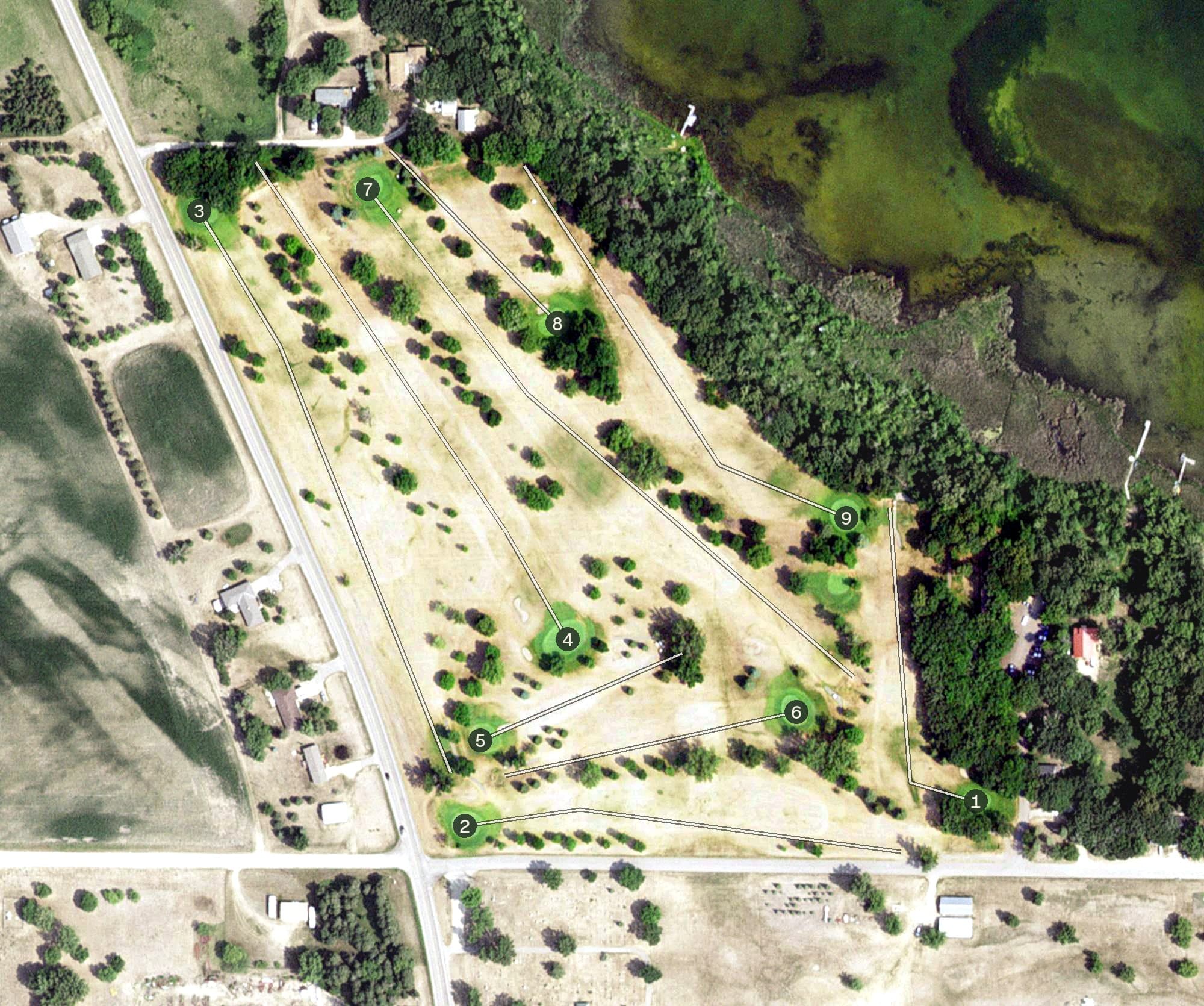 Aerial view of Birchwood Golf Course, MN, with its hole routing marked