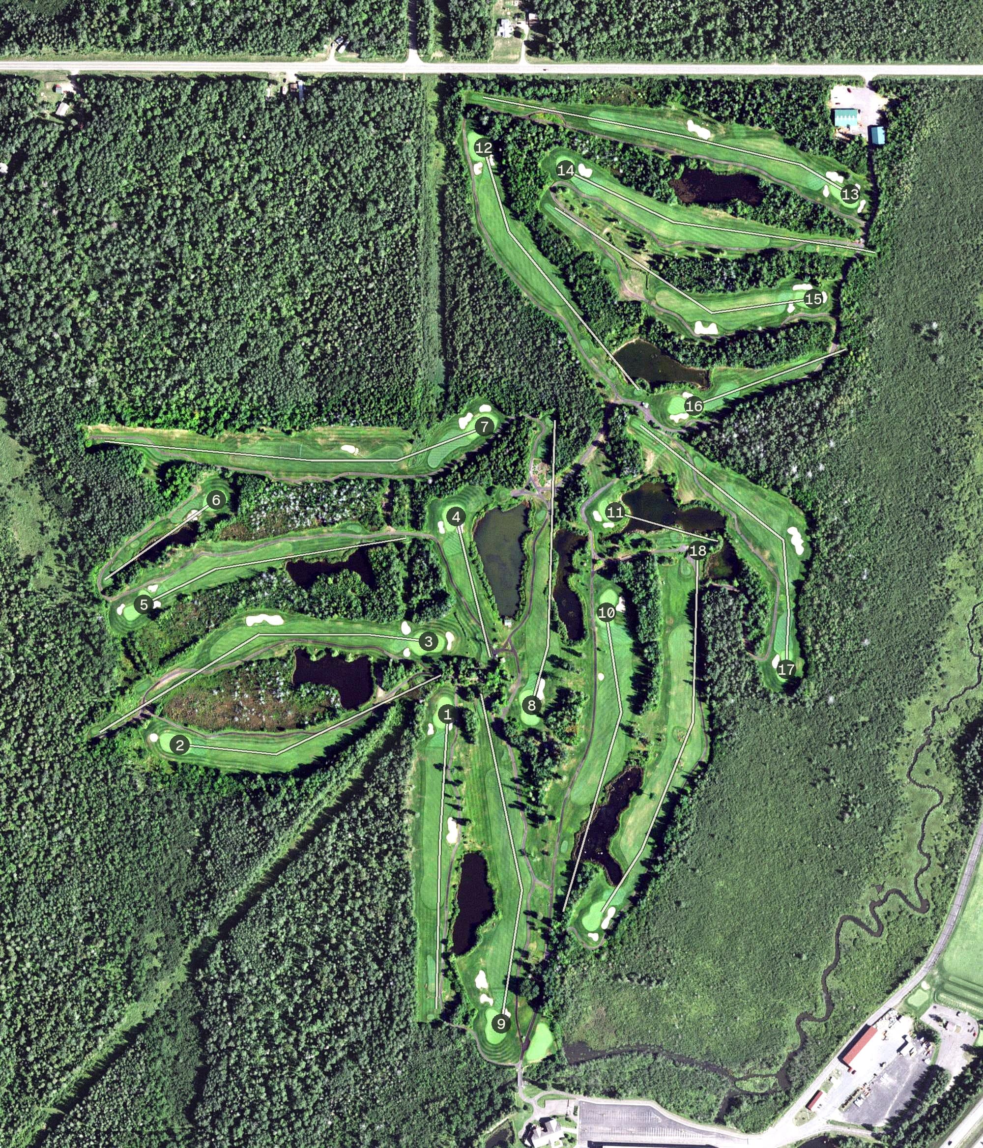 Aerial view of Black Bear Golf Course, MN, with its hole routing marked