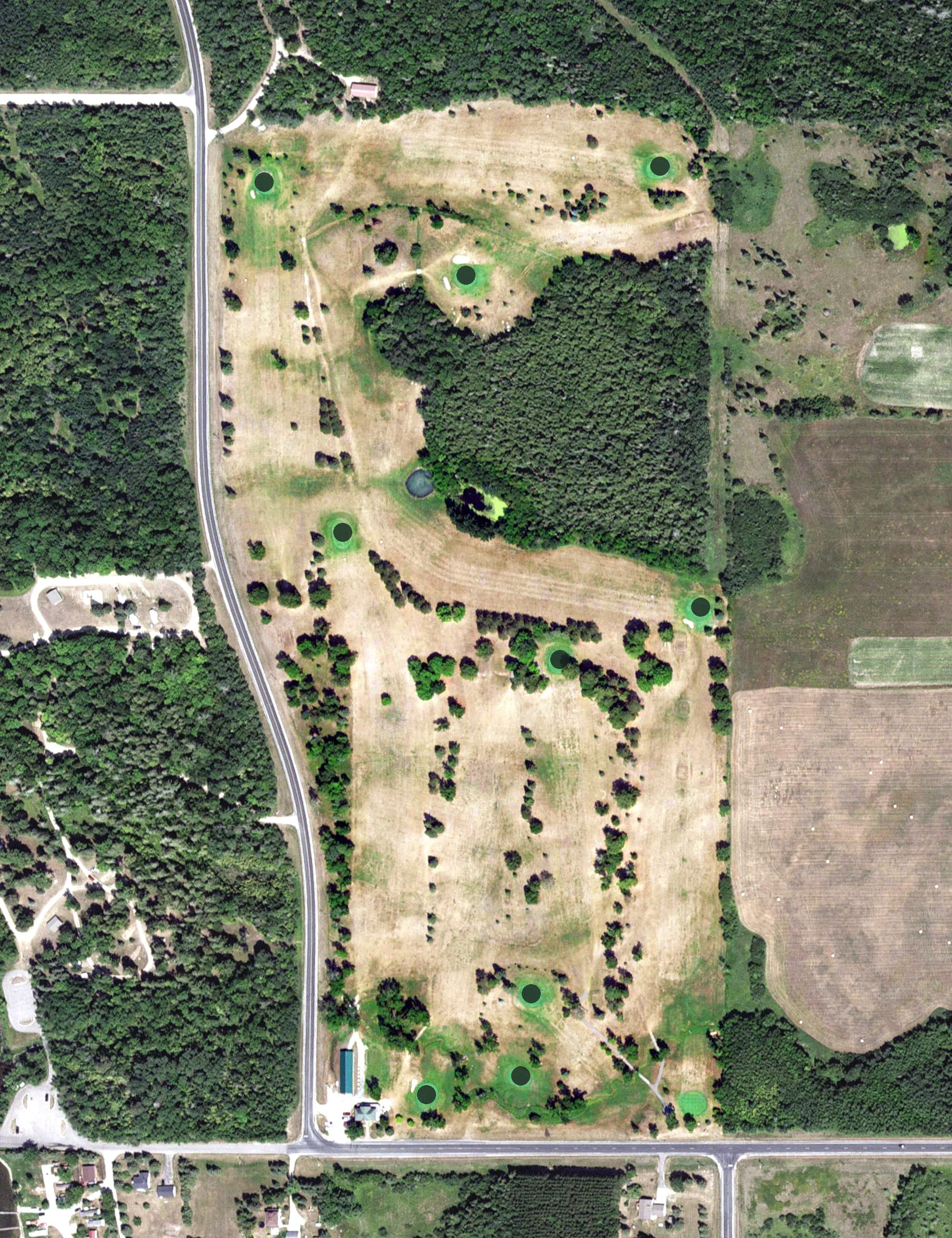Aerial view of Blackduck Municipal Golf Course, MN, with its hole routing marked