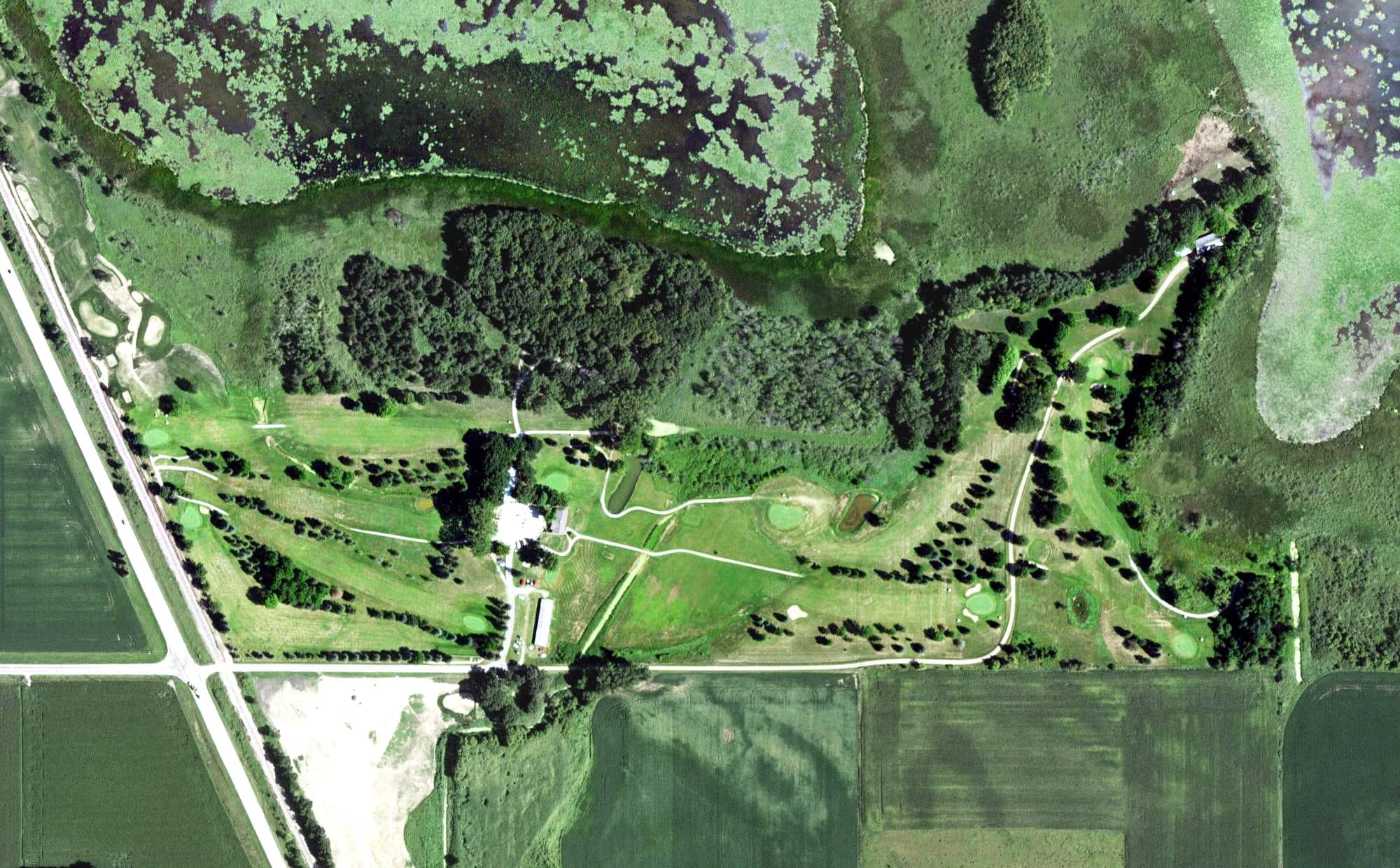 Aerial view of Blooming Prairie Country Club, MN, with its hole routing marked