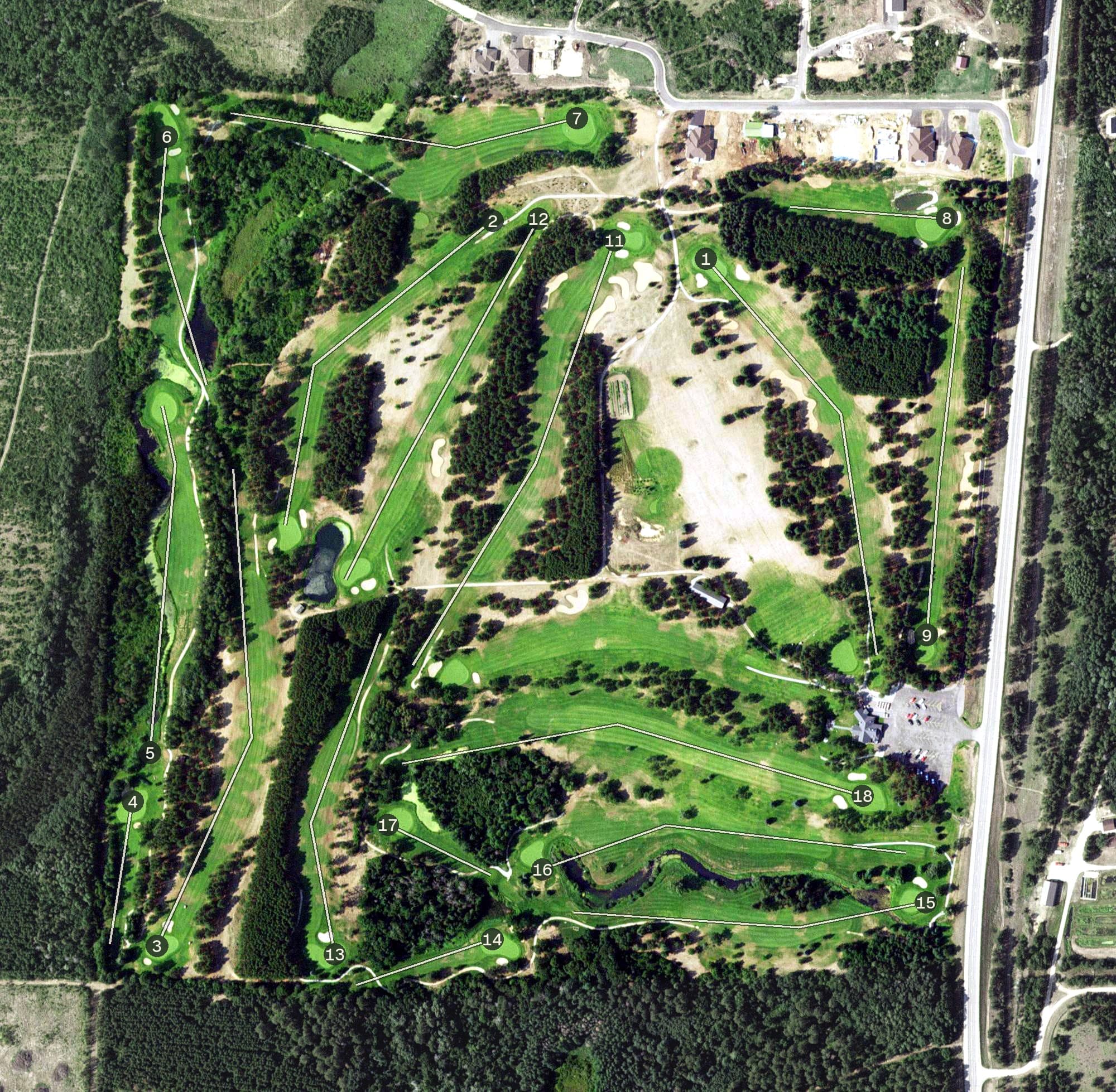Aerial view of Blueberry Pines Golf Club, MN, with its hole routing marked