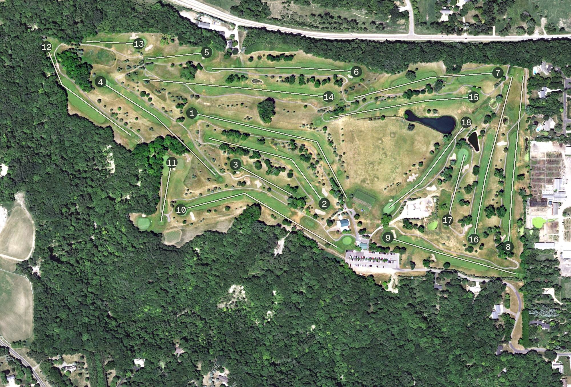 Aerial view of Bluff Creek Golf Course, MN, with its hole routing marked