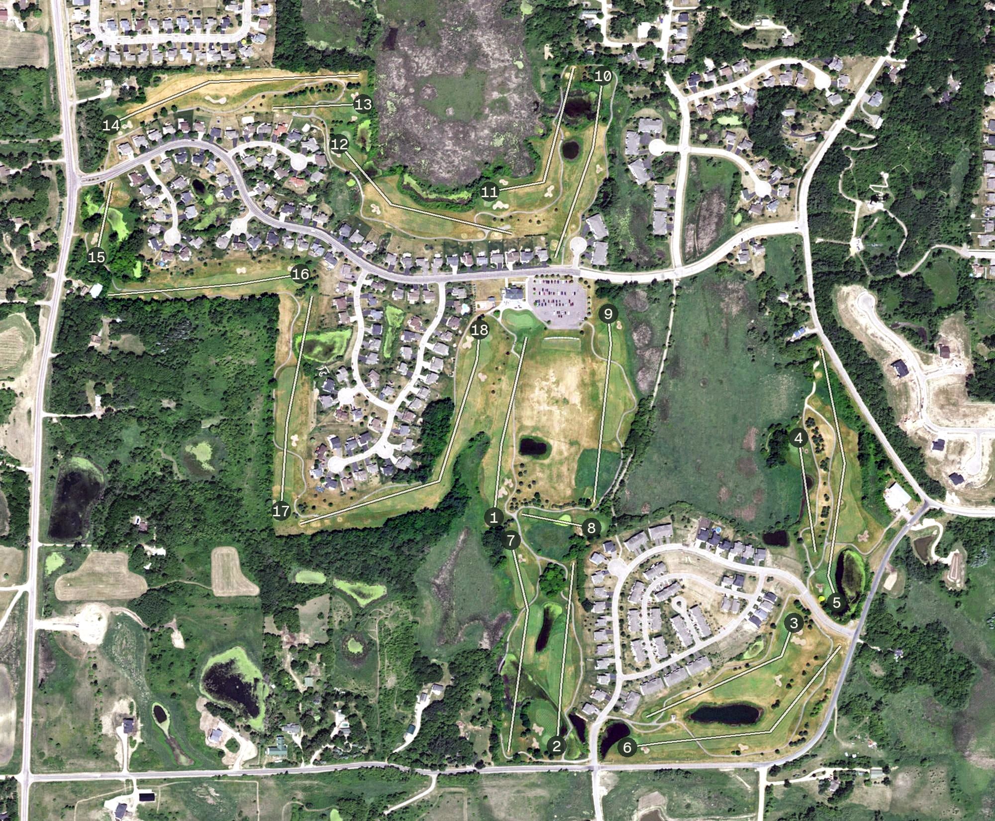 Aerial view of Boulder Pointe Golf Club, MN, with its hole routing marked