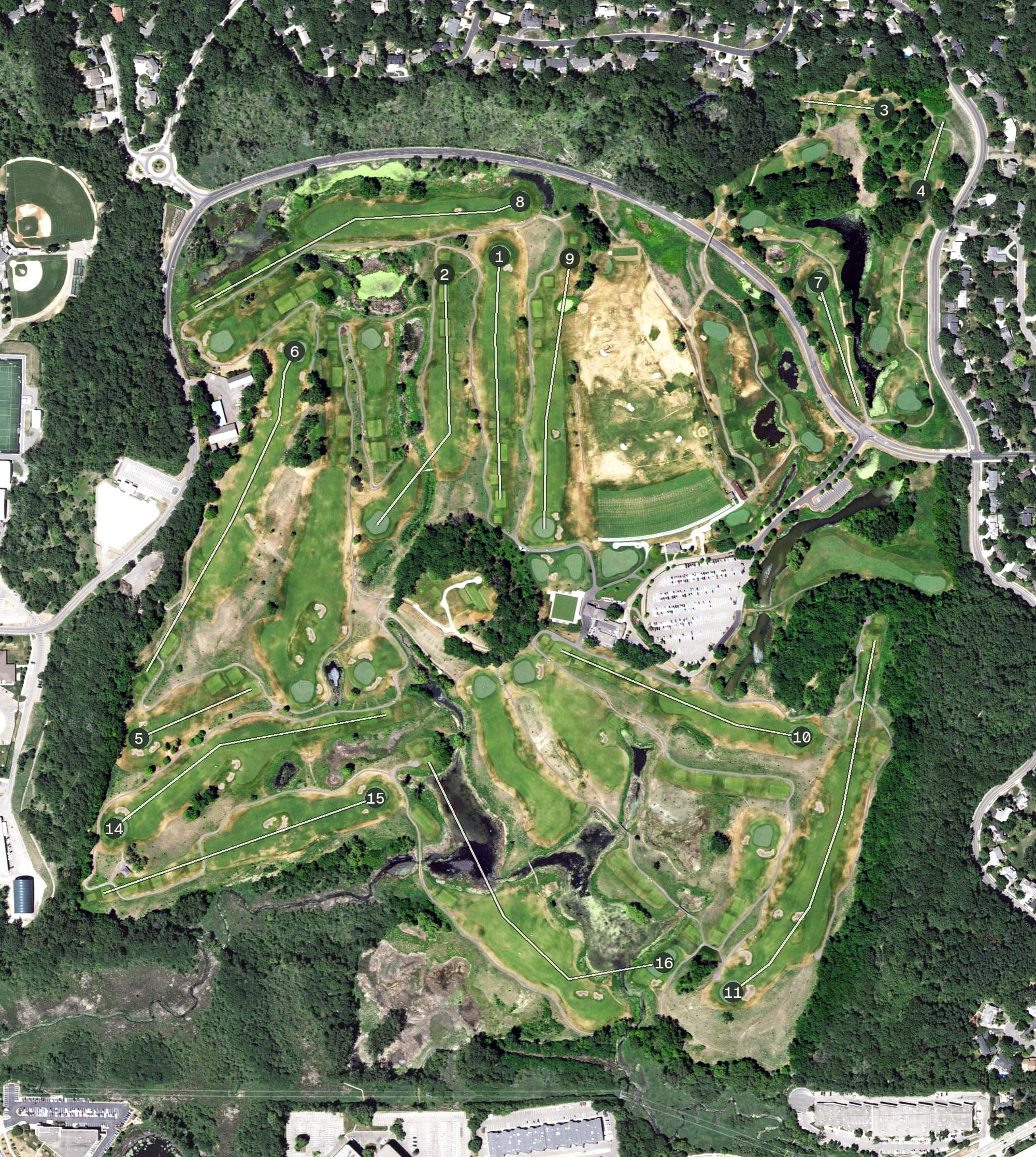 Aerial view of Braemar Golf Course, MN, with its hole routing marked