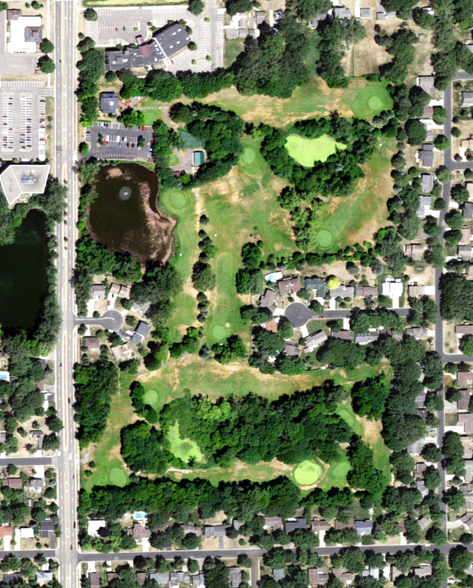 Aerial view of Brightwood Hills Golf Course, MN, with its hole routing marked