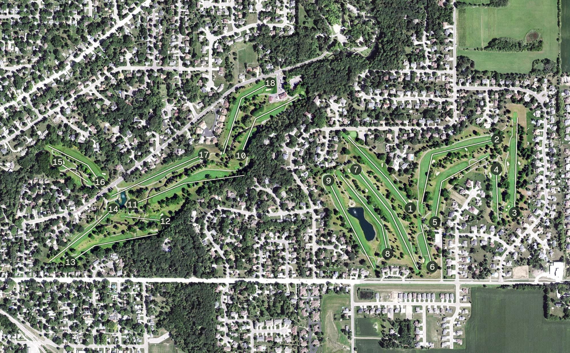 Aerial view of Brook Tree Golf Course, MN, with its hole routing marked