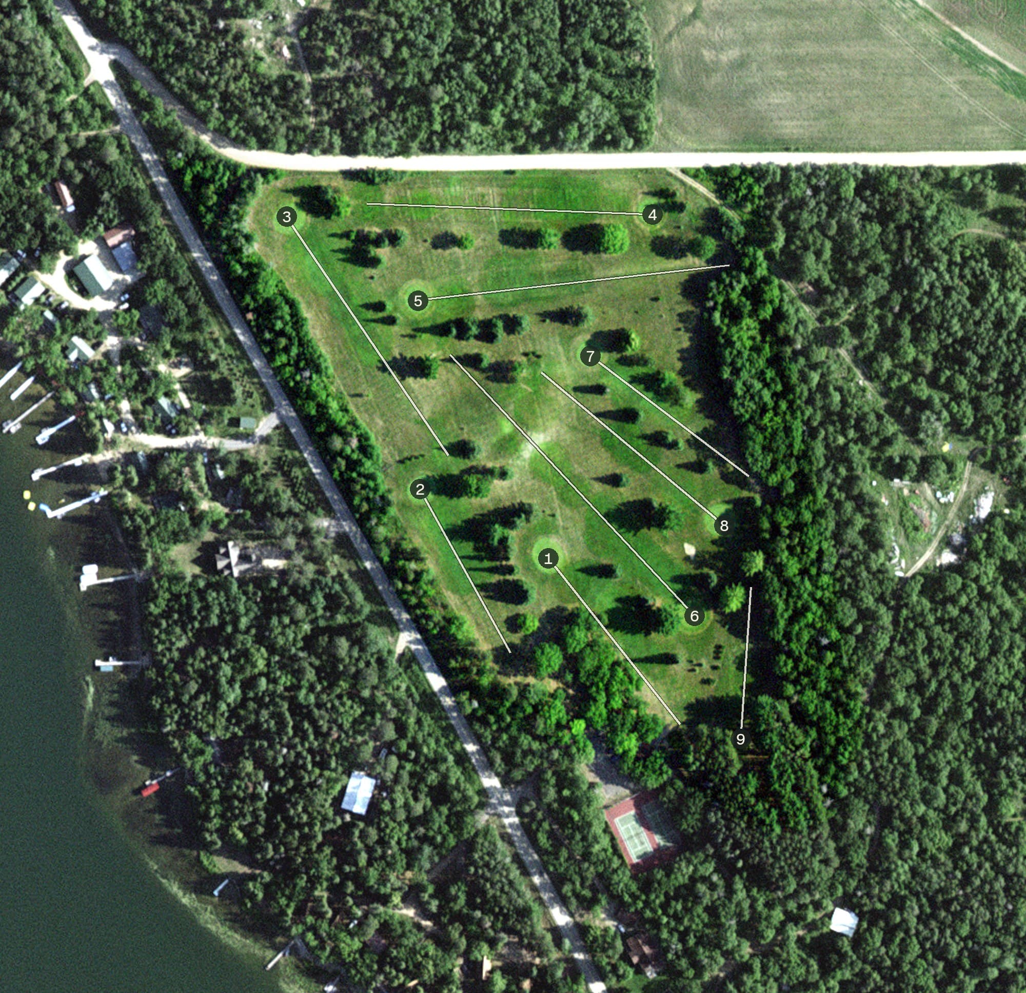 Aerial view of Brookside resort, MN, with its hole routing marked