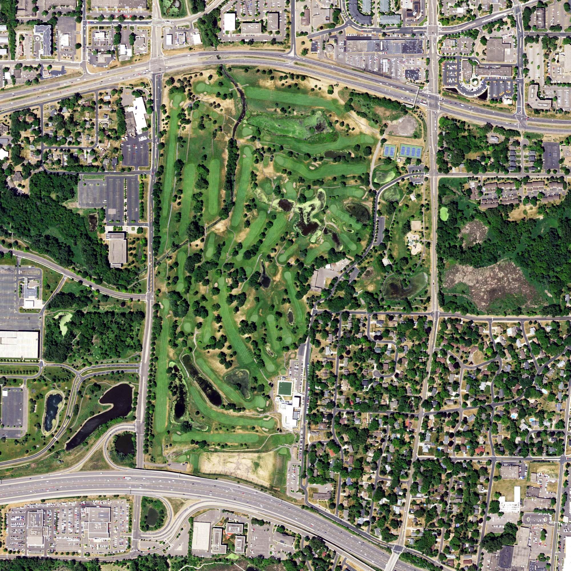Aerial view of Brookview Golf Course, MN, with its hole routing marked
