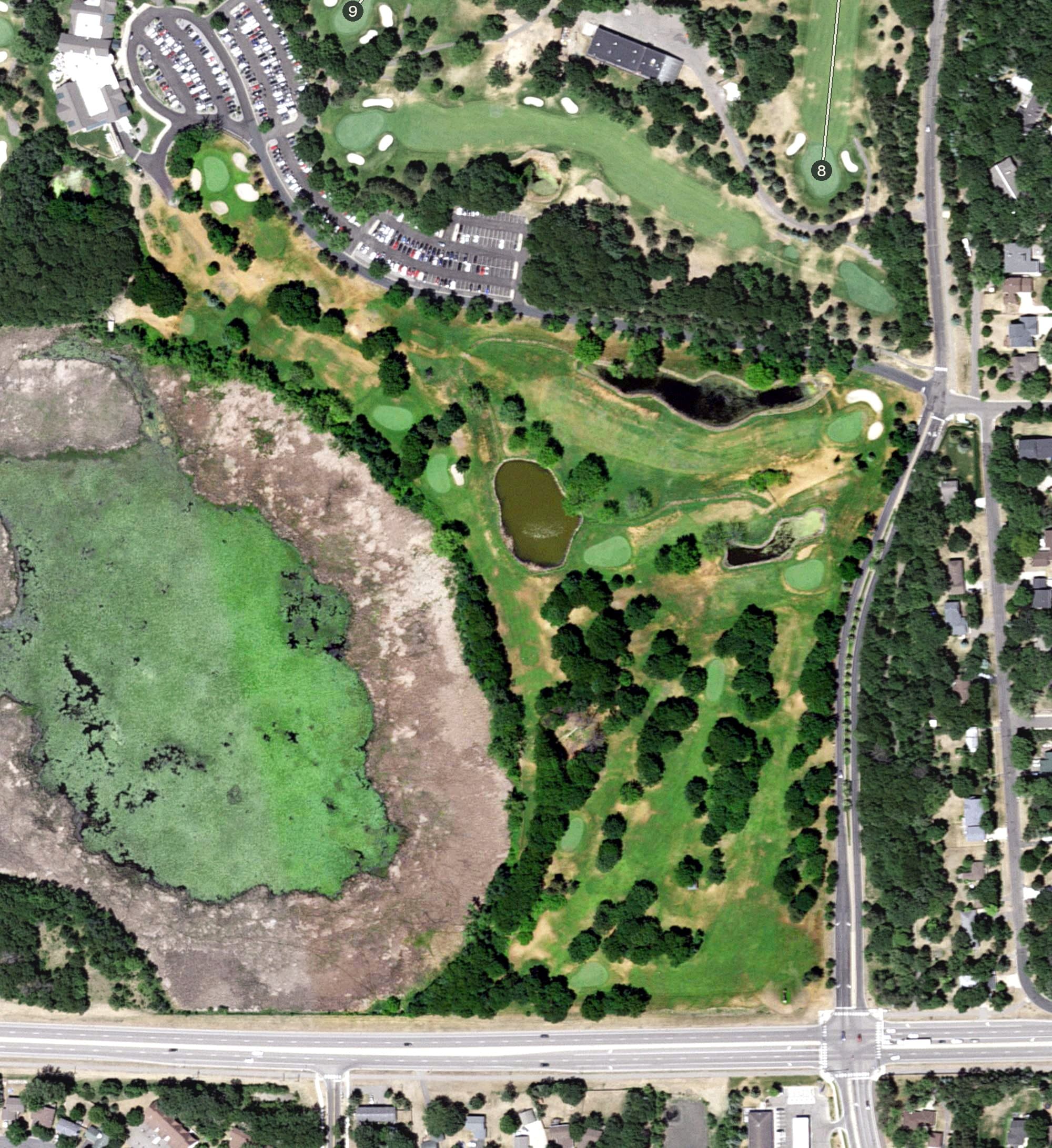 Aerial view of Bunker Hills Executive Course, MN, with its hole routing marked