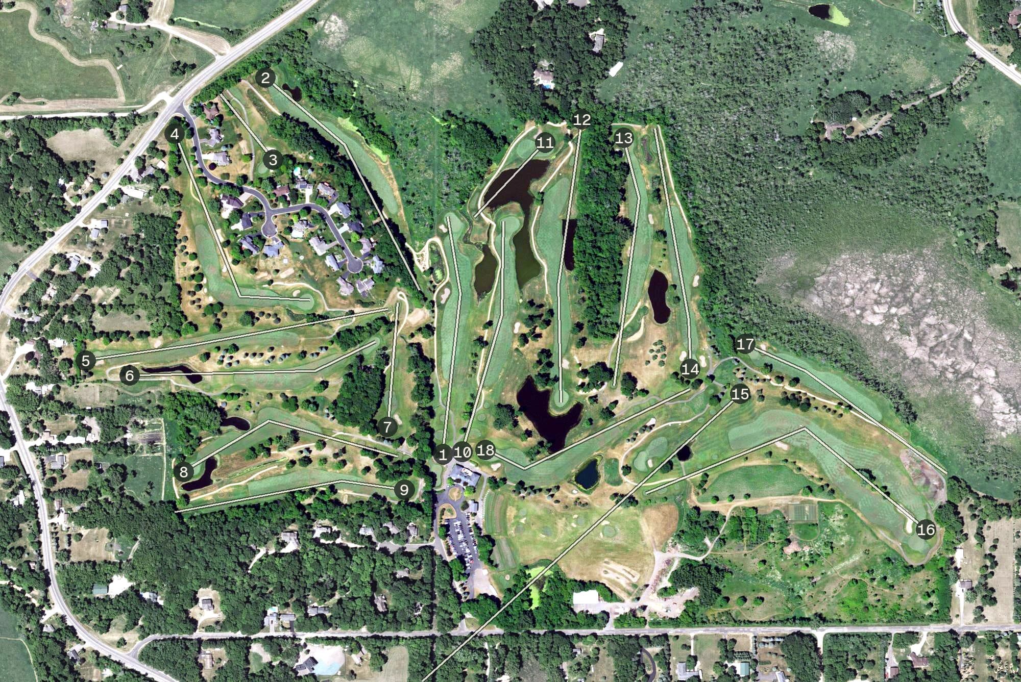 Aerial view of Burl Oaks Golf Club, MN, with its hole routing marked